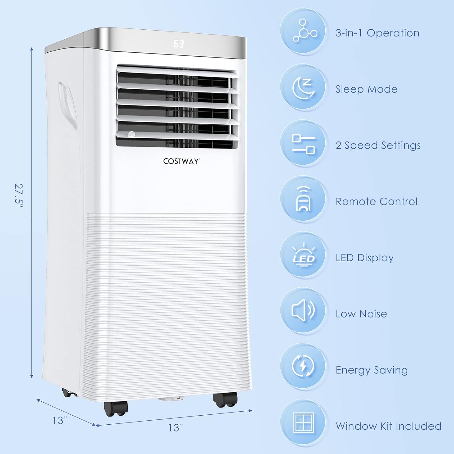 COSTWAY Portable Air Conditioner, 8000 BTU Air Cooler with Fan & Dehumidifier Mode for Rooms up to 230 Sq.Ft, Quiet AC Unit with Sleep Mode, 2 Fan Speeds, 24H Timer, Remote Control (8000BTU)