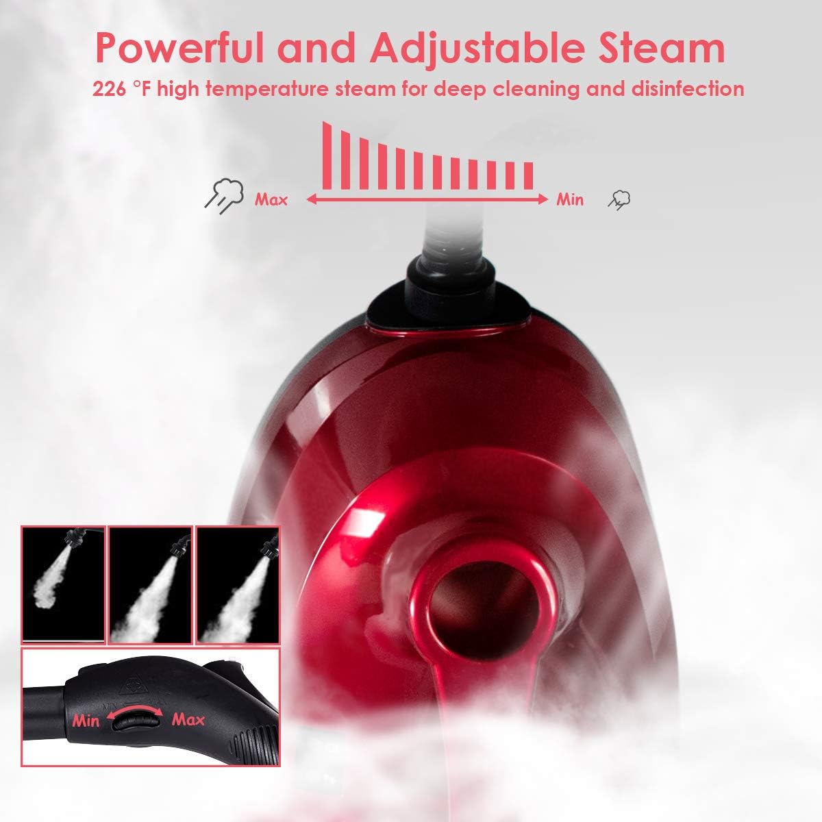 Moccha 2000W Steam Cleaner w/ 19 Accessories, 2000 W Household Steamer w/ 1.5L Tank for Chemical-Free Cleaning, Heavy Duty Household Cleaning Machine for Floors, Windows, Cars (Red)