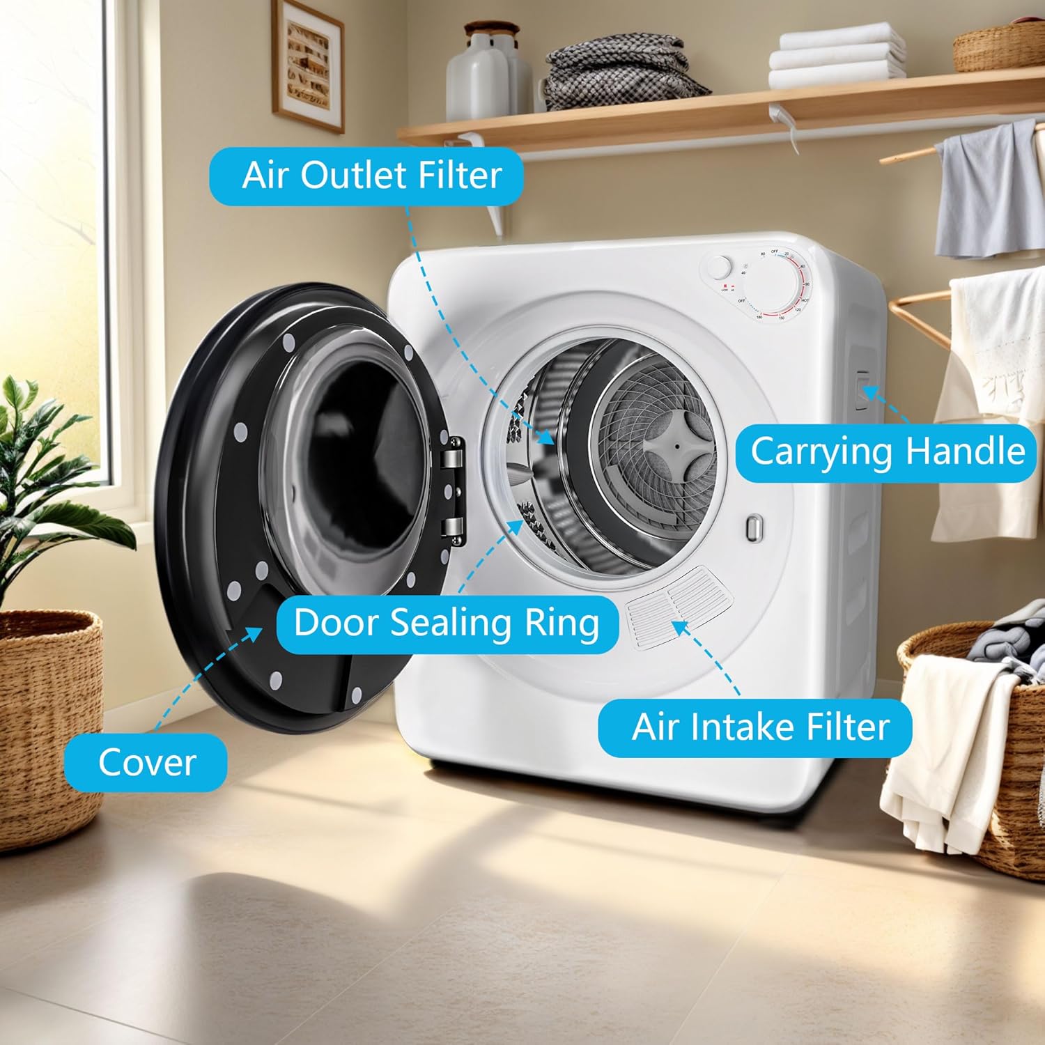 800W Electric Portable Clothes Dryer, High End Laundry Front Load Tumble Dryer Machine with Stainless Steel Tub, 5 Mode Simple Control Knob, Ideal for Apartments, Dorms, and RVs