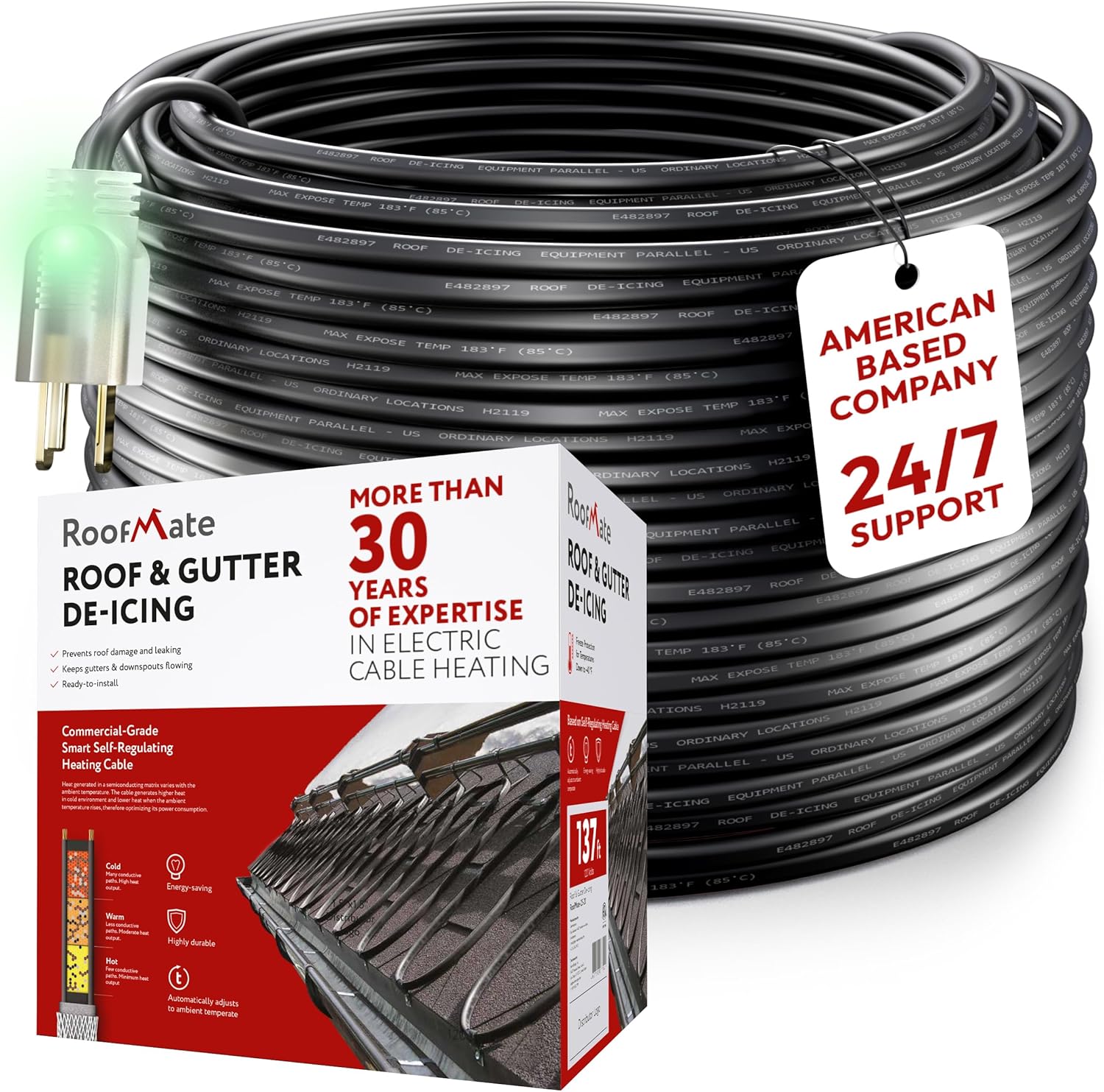 RoofMate Self-Regulating Roof Heating Cable & Gutter Heat Tape – 62-Feet De-Icing Cable with 10-ft Cold Lead for Roof & Gutter Snow Melt, Ice Dam Prevention, 120V, 7 Watts/Ft (62-Feet)