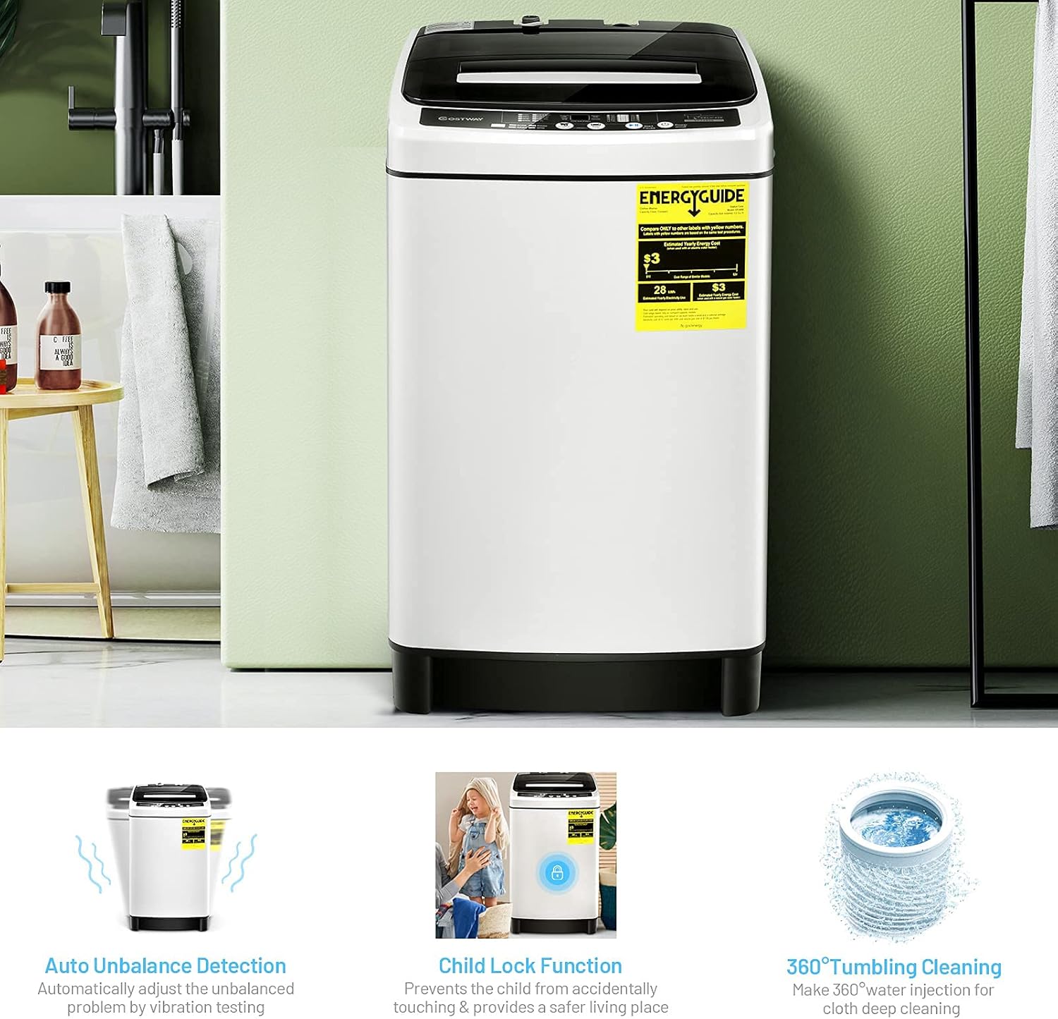 COSTWAY Portable Washing Machine, 11Lbs Capacity Full-automatic Washer with 8 Wash Programs, LED Display, 10 Water Levels, Compact Laundry Washer and Spinner Combo for Apartment Dorm, White