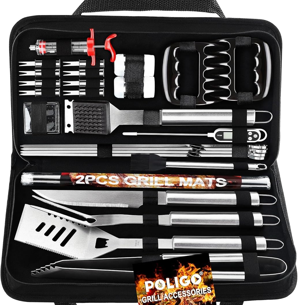 POLIGO 28PC Exclusive BBQ Grill Accessories in Carrying Bag for Birthday Christmas Grilling Gift - Premium Grill Utensils Set with Barbecue Claws, Meat Injector, Thermometer for Smoker, Camping BBQ