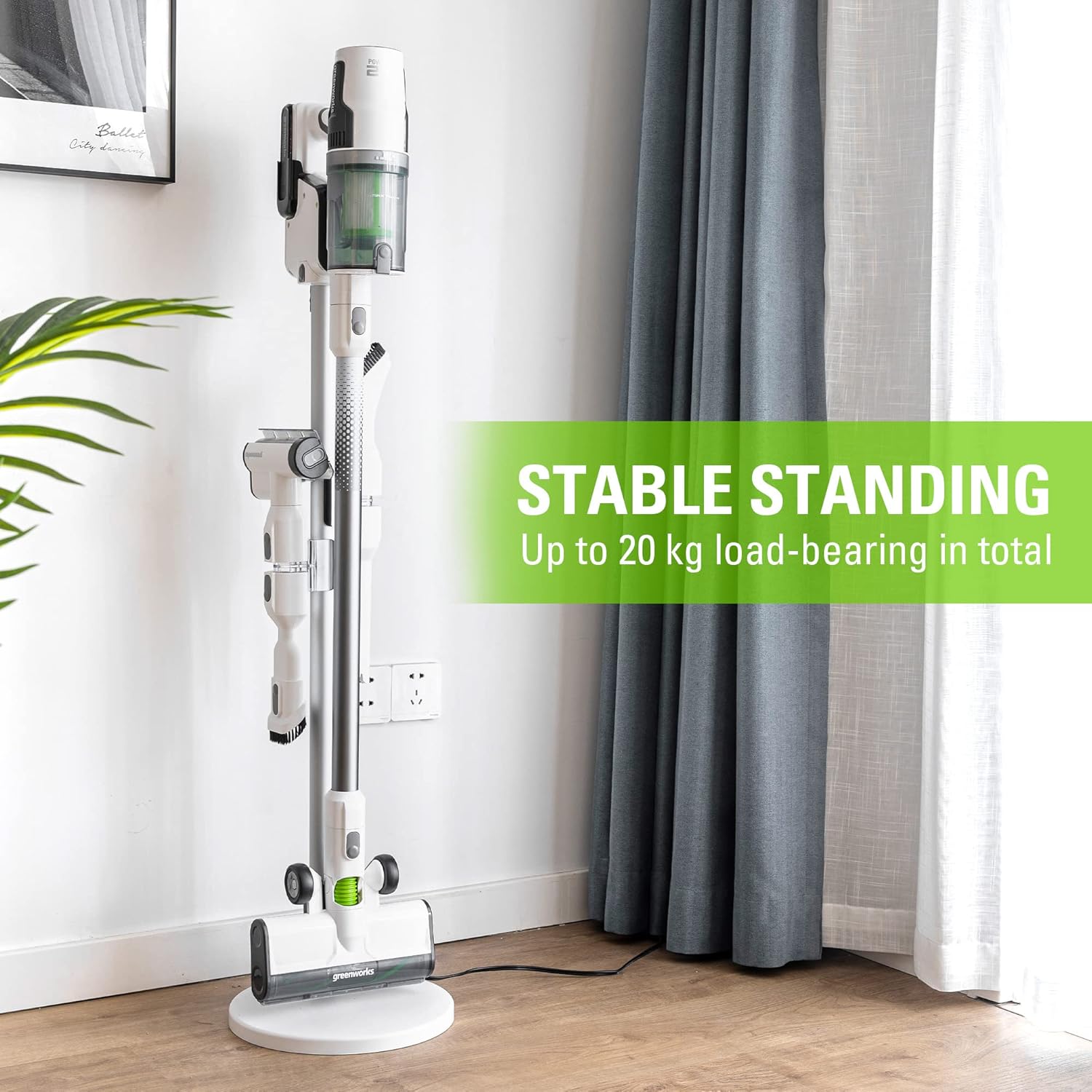 Greenworks Stick Vacuum Foldable Stand for Charger (White), Works with Greenworks 24V Stick Vacuums (SVW24L411, SVG24L411, ‎SVW24L410, ‎SVG24L410)