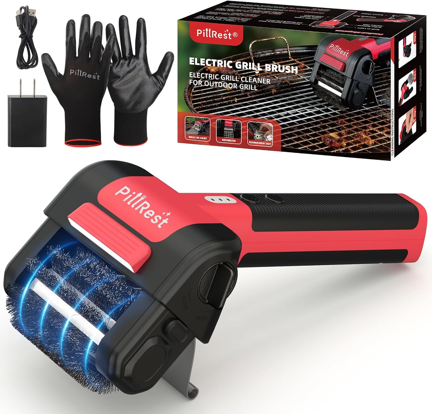 Electric Grill Brush, Cordless Rechargeable Grill Cleaner with LED Light - 950 RPM Spinning 304 Stainless Steel Head, Dishwasher-Safe BBQ Tool for Outdoor Grills