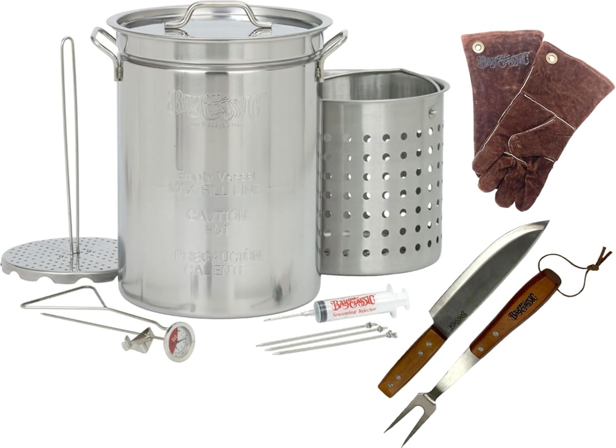 Turkey Fryer 32 Quart Stainless Steel Kit Includes Stockpot Basket Poultry Rack Hook Thermometer Skewers Injector Fork and Knife Set and Pair of Leather Fry Gloves for Holiday Frying