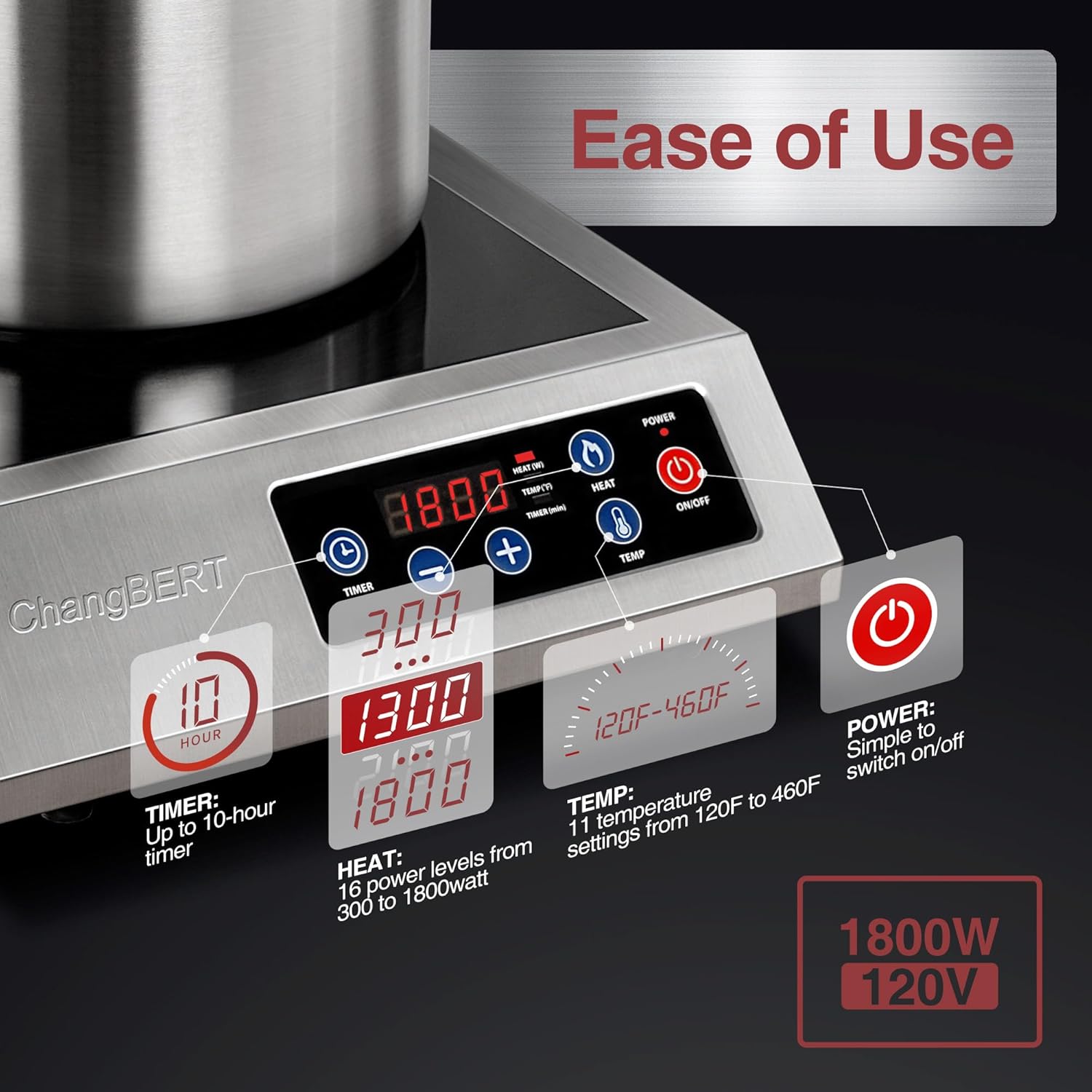 ChangBERT Portable Induction Cooktop 1800W NSF Certified Commercial Range Powerful Countertop Burner Pro Chef Professional Hot Plate Premium Stainless Steel Housing Schott Glass 10 Hours Timer