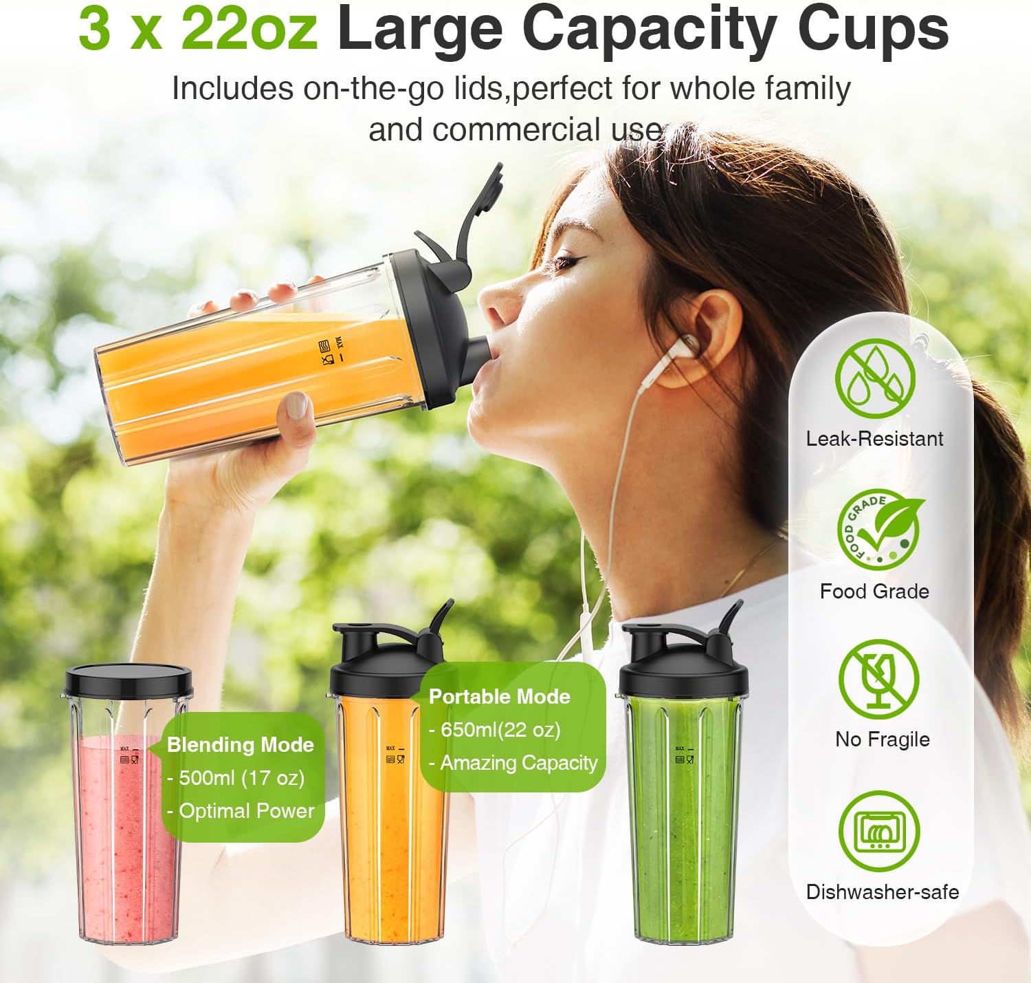 KOIOS Blender for Smoothies,Personal Blender for Shakes and Smoothies with 3 * 22oz To-Go Cups,22000 RPM Smoothie Maker,Detachable 6-leaf Blade Portable Blenders for kitchen,Black