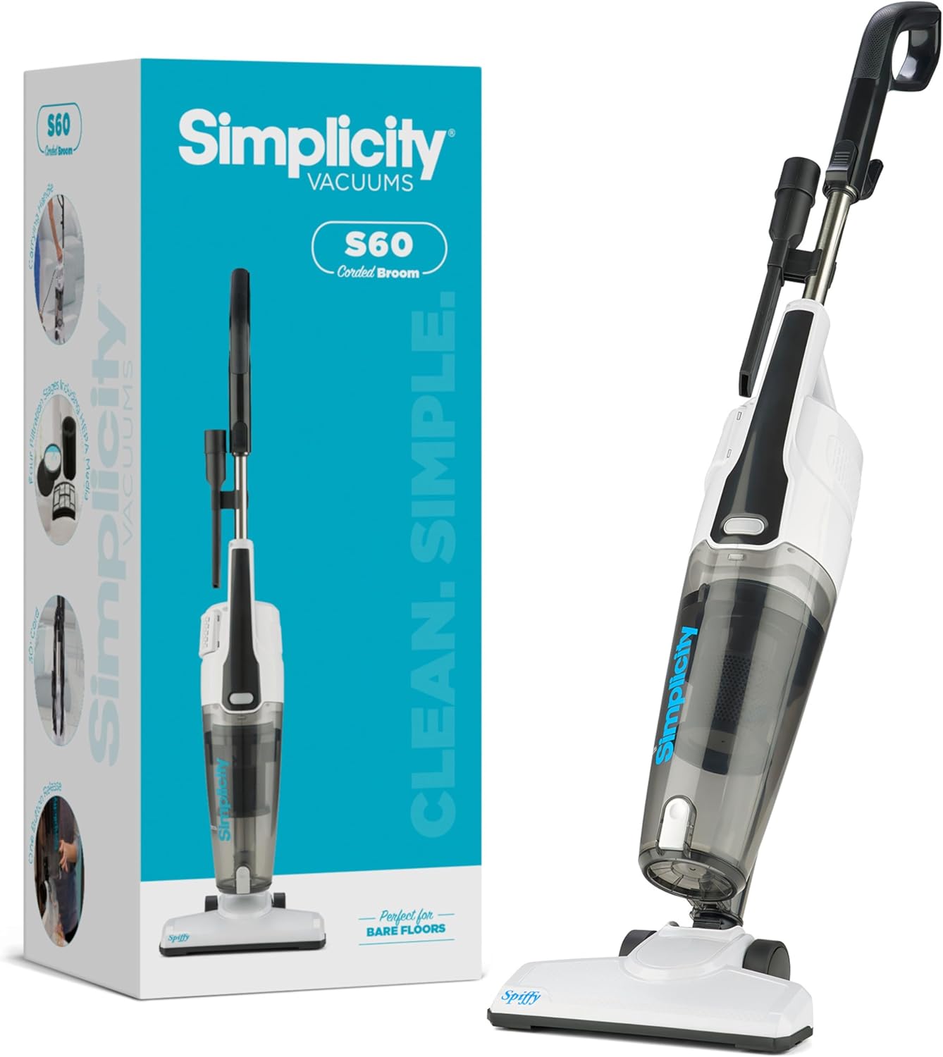 Simplicity Vacuums Corded Stick Vacuum Cleaner - Bagless, Two Speeds, HEPA Filter, Ideal for Hardwood & Tile, S60 Spiffy