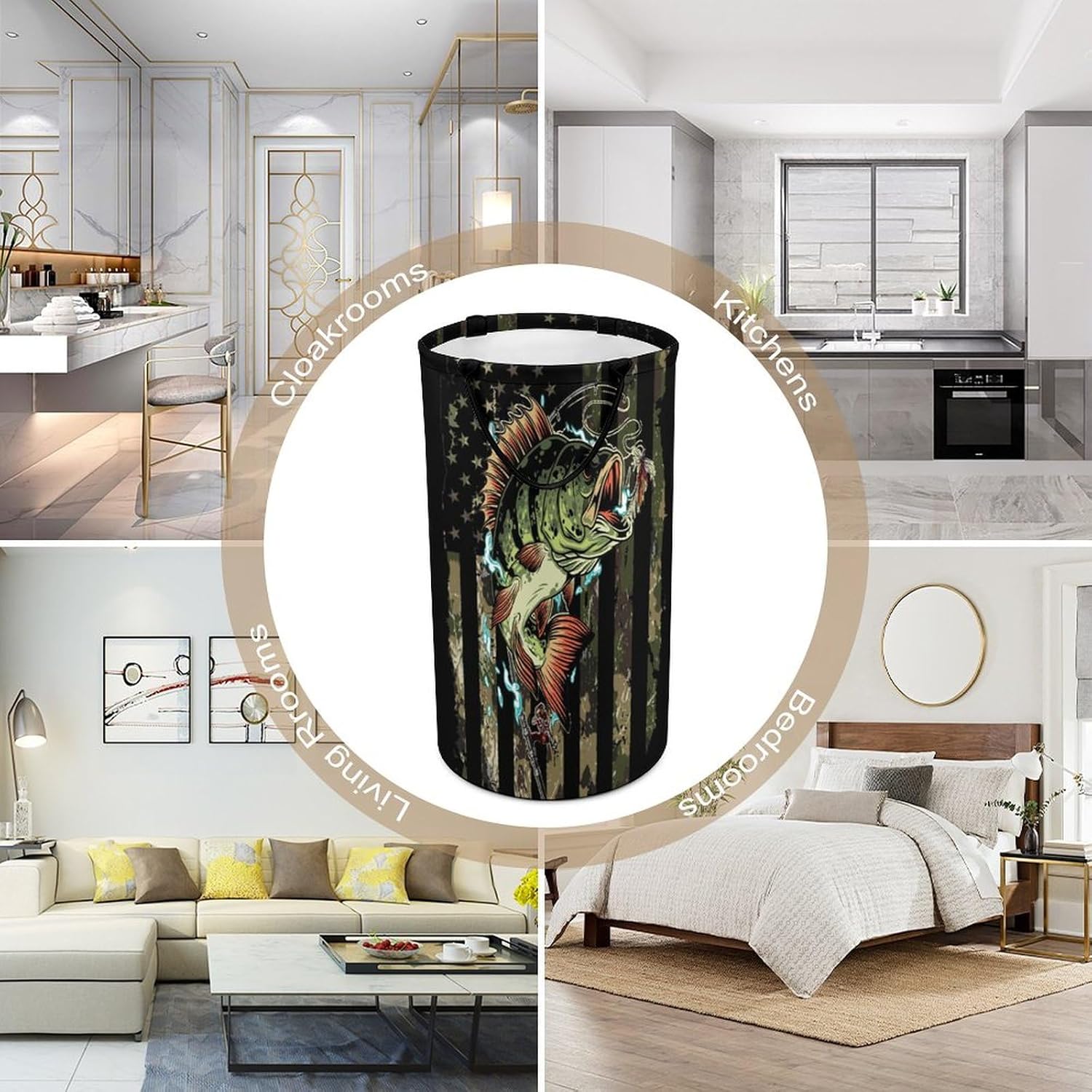 Watercolor American Flag Camo Fishing Laundry Hamper Dirty Clothes,Rustic Camouflage Hunting Theme Fishing Large Laundry Basket Storage Basket For Bathroom 15.7W