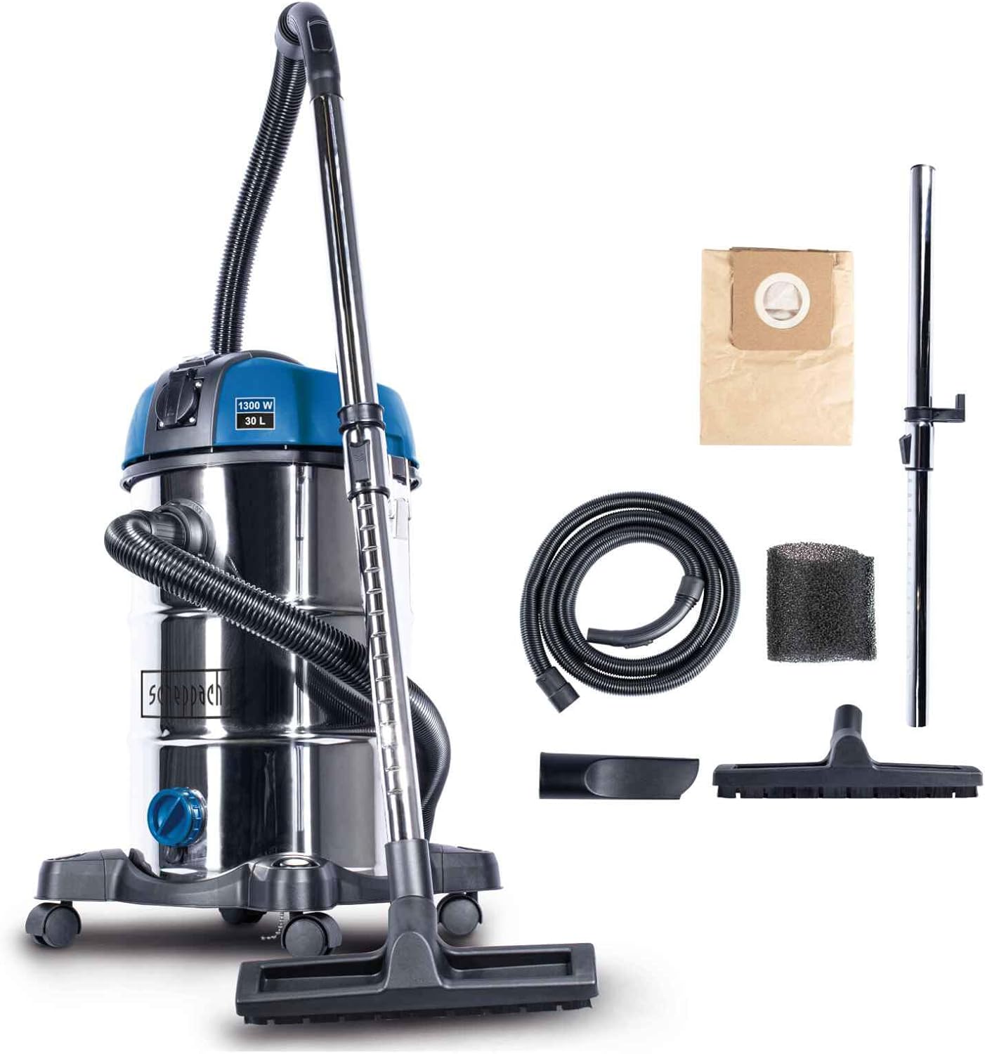 Scheppach NTS30 Wet and Dry Vacuum Cleaner. Comprehensive accessories - 1300 W | 30 L Stainless Steel Container | Exhaust function