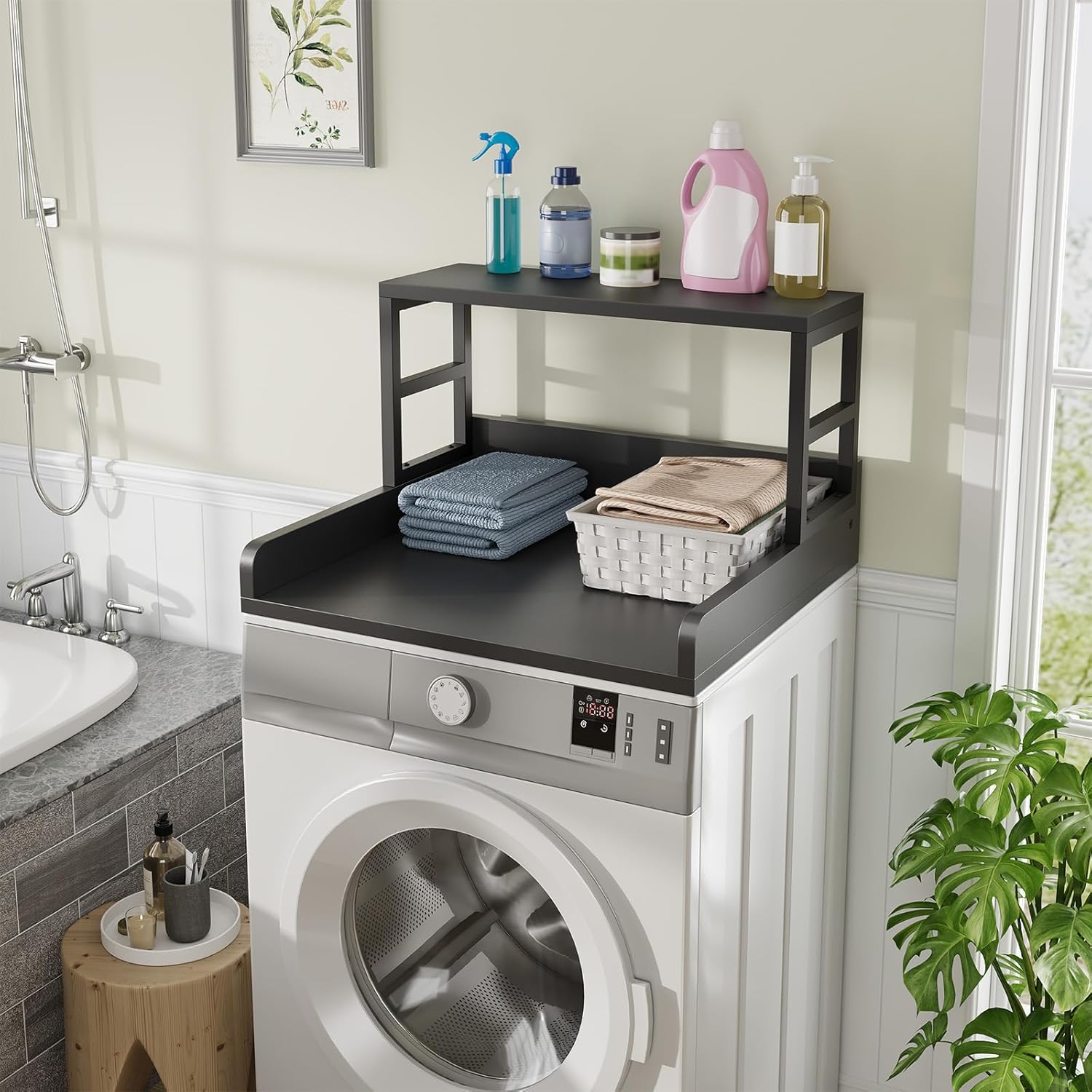 Washer Dryer Countertop with Shelf, 23.62″D x 23.62″W x 16.57″H, Countertop for Washer and Dryer Top with Non-Slip Pads and Edge Rails, Laundry Room Storage and Organization(Black)