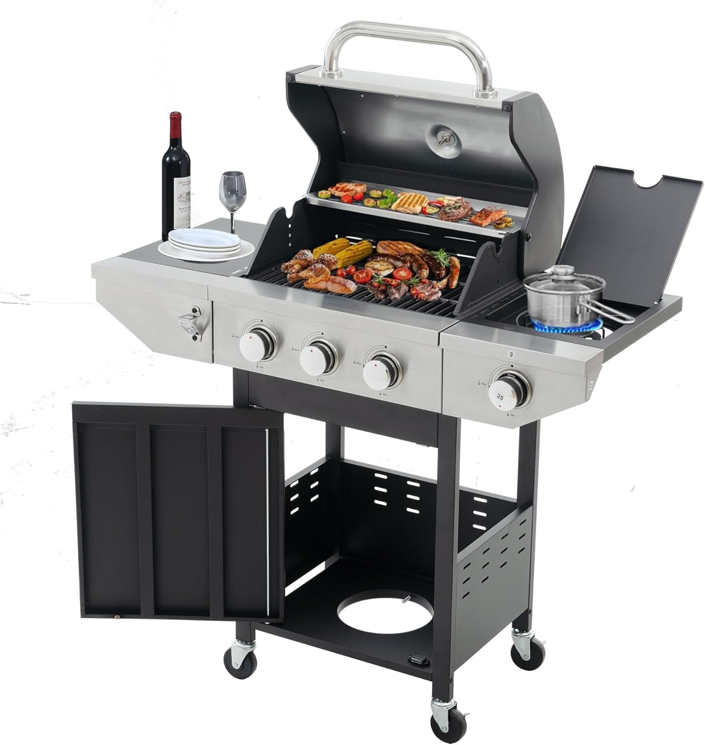 3-Burner Propane Gas Grill with Side Burner, BBQ Grill Propane,Stainless Steel Outdoor Cooking Grill, 37,000 BTU Propane Grill, Barbecue Grill for Camping, Backyard, Patio, Deck