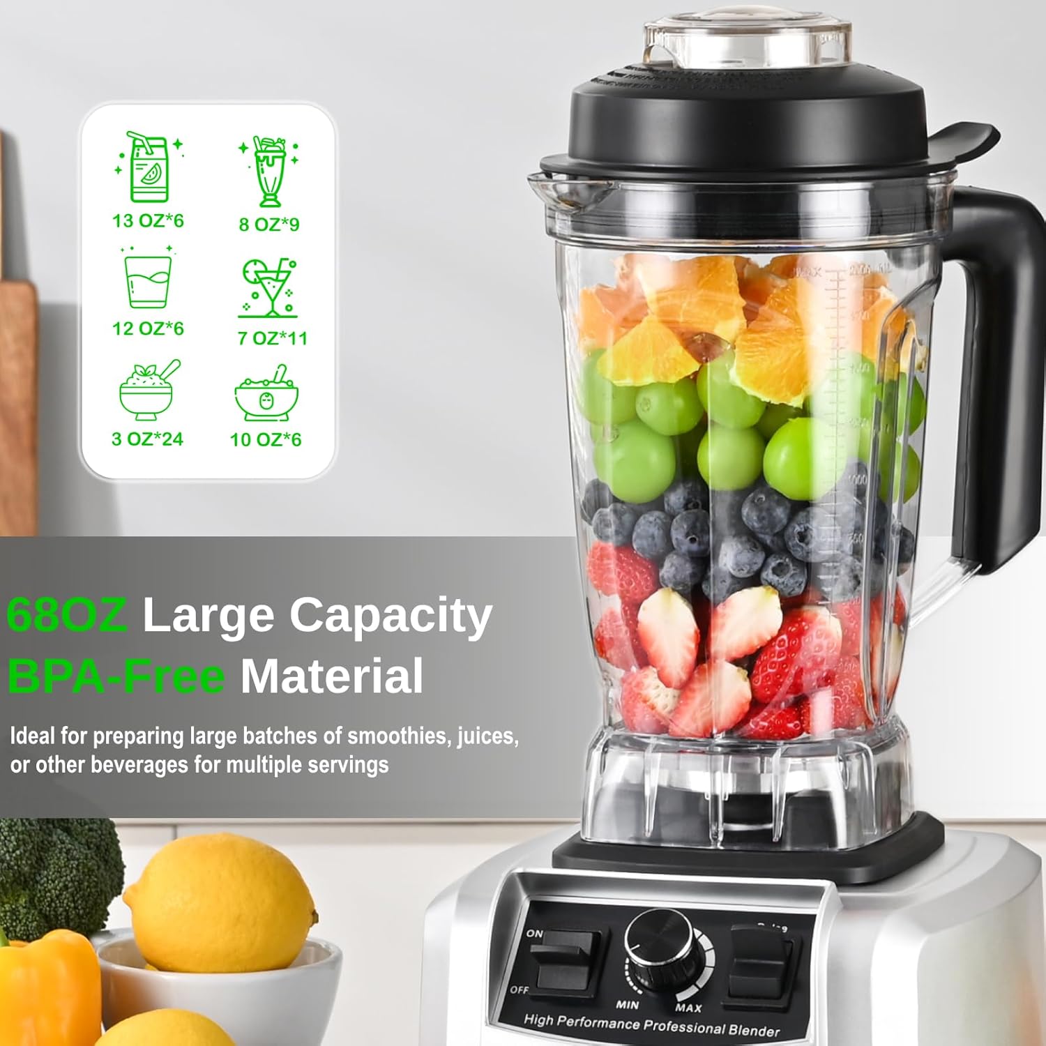 Powerful Blender for Kitchen 1500W, 68 Oz Large Capacity Countertop Blender for Smoothie with Stainless Steel Blades, BPA Free, Frozen Drinks, Ice Crush, Protein Shakes (Silver)
