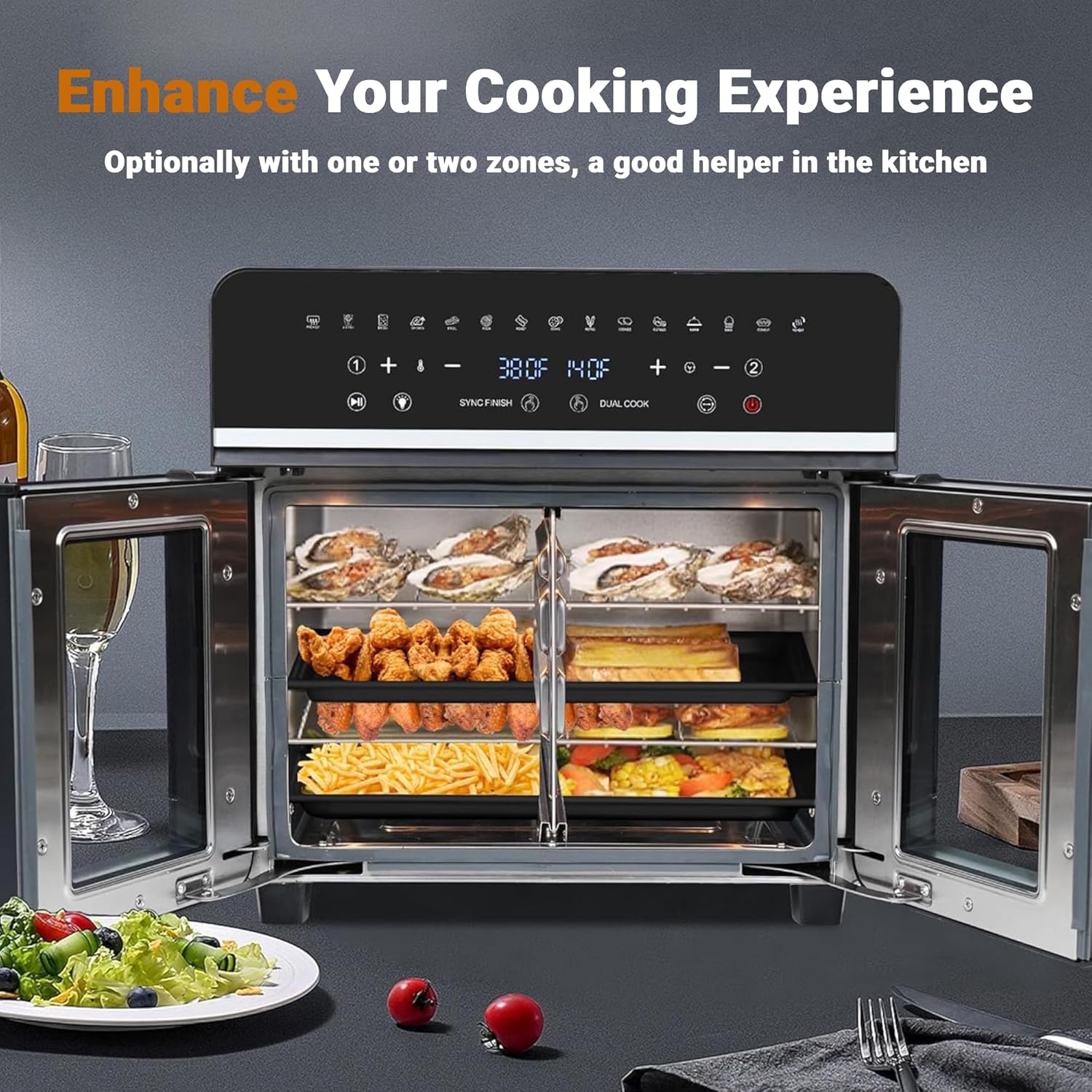 24Qt Large Air Fryer Toaster Oven Combo - French Double Door Airfryer, 15 Cooking Functions Touch Dual Zone Independent Control Electric Oven, Stainless Steel Air Fryers Oven 13 Accessories & Cookbook