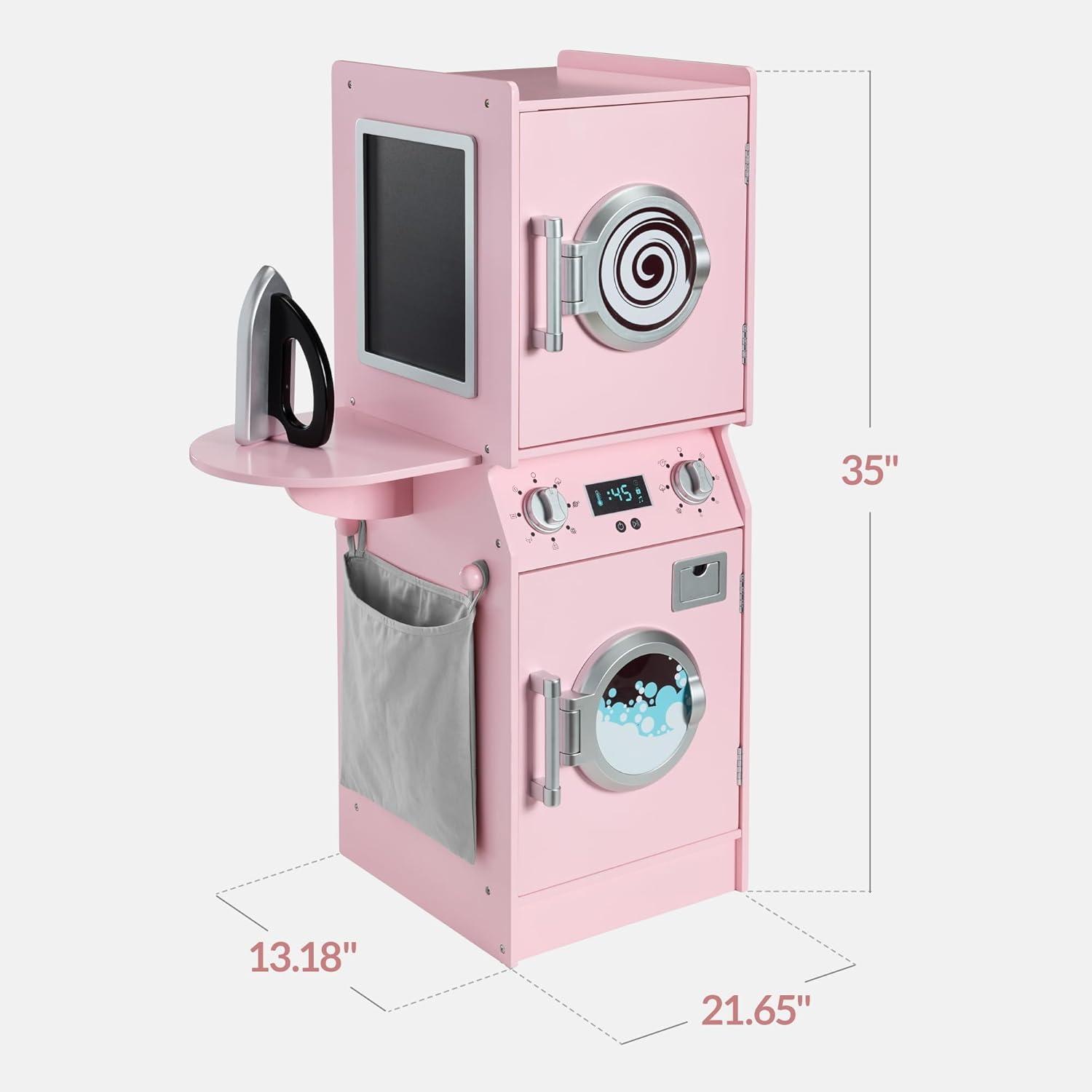 Best Choice Products Pretend Play Kids Wooden Stacked Washer & Dryer Set with Toy Laundry Storage, Space-Saving Design, with Accessories - Pink