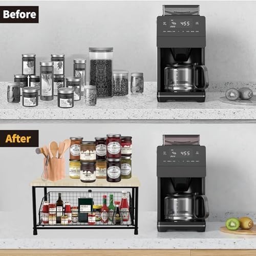 Kitchen Microwave Cart, Small Kitchen Shelf Microwave Stand with Bottom Storage Basket, No Wheels, Storage Microwave Shelf for Office, Living Room, Bedroom(Black,S)