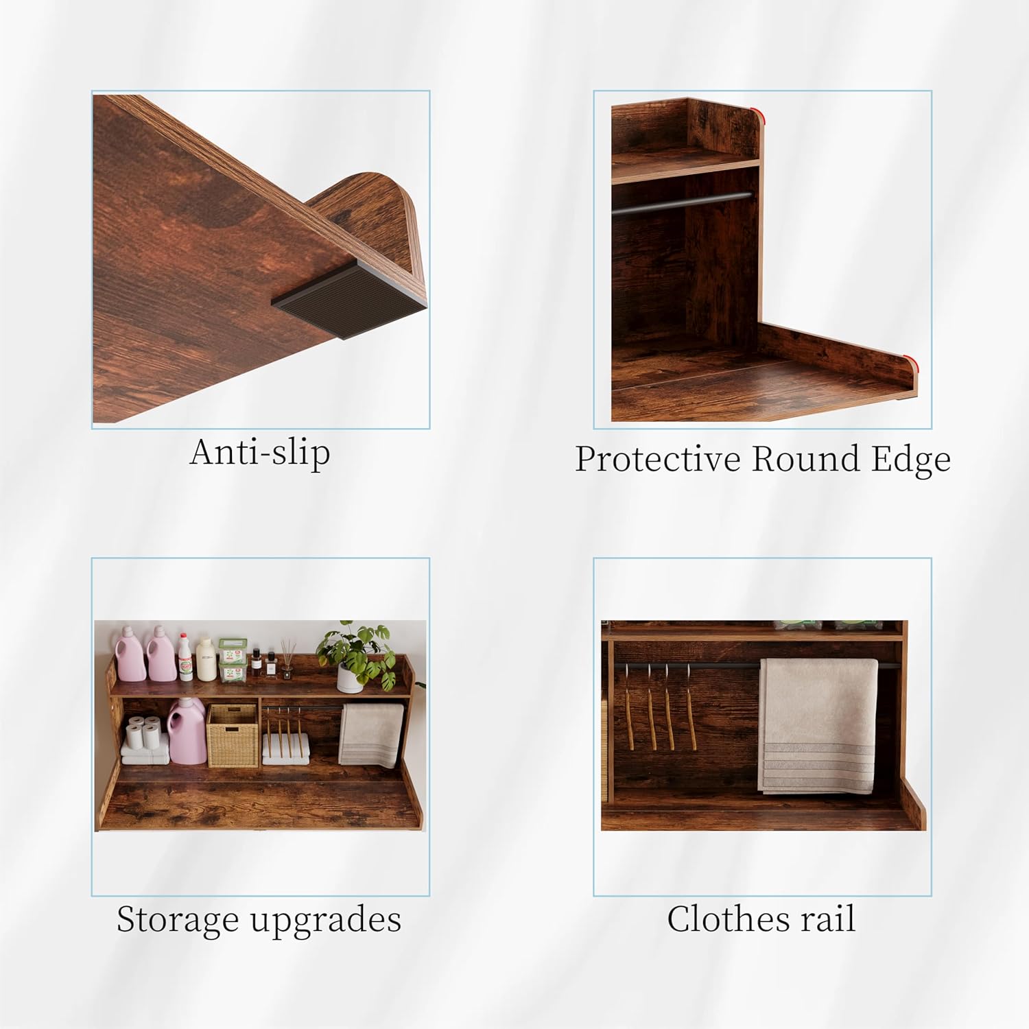 2-Tier Washer Dryer Countertop with Clothes Rail，Laundry Topper with Edge and Non-Slip Pad for Washer and Dryer Laundry Hamper Counter Storage Organization (Rustic Brown, Full)