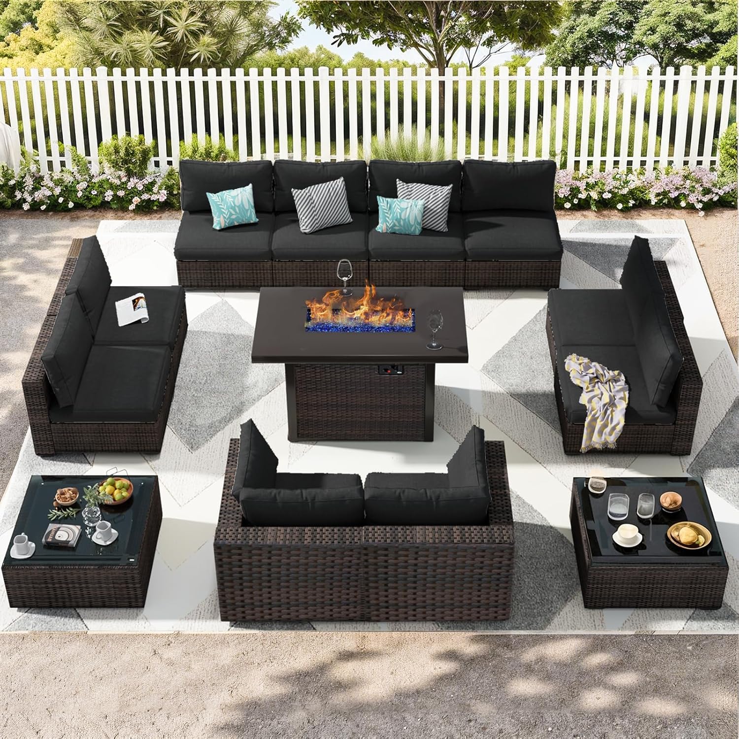Grezone Outdoor Patio Furniture Set with Fire Pit Table, 13 Pieces Outdoor Furniture Set Patio Sectional Sofa w/42in Propane Fire Pit, PE Wicker Rattan Patio Conversation Sets - Black