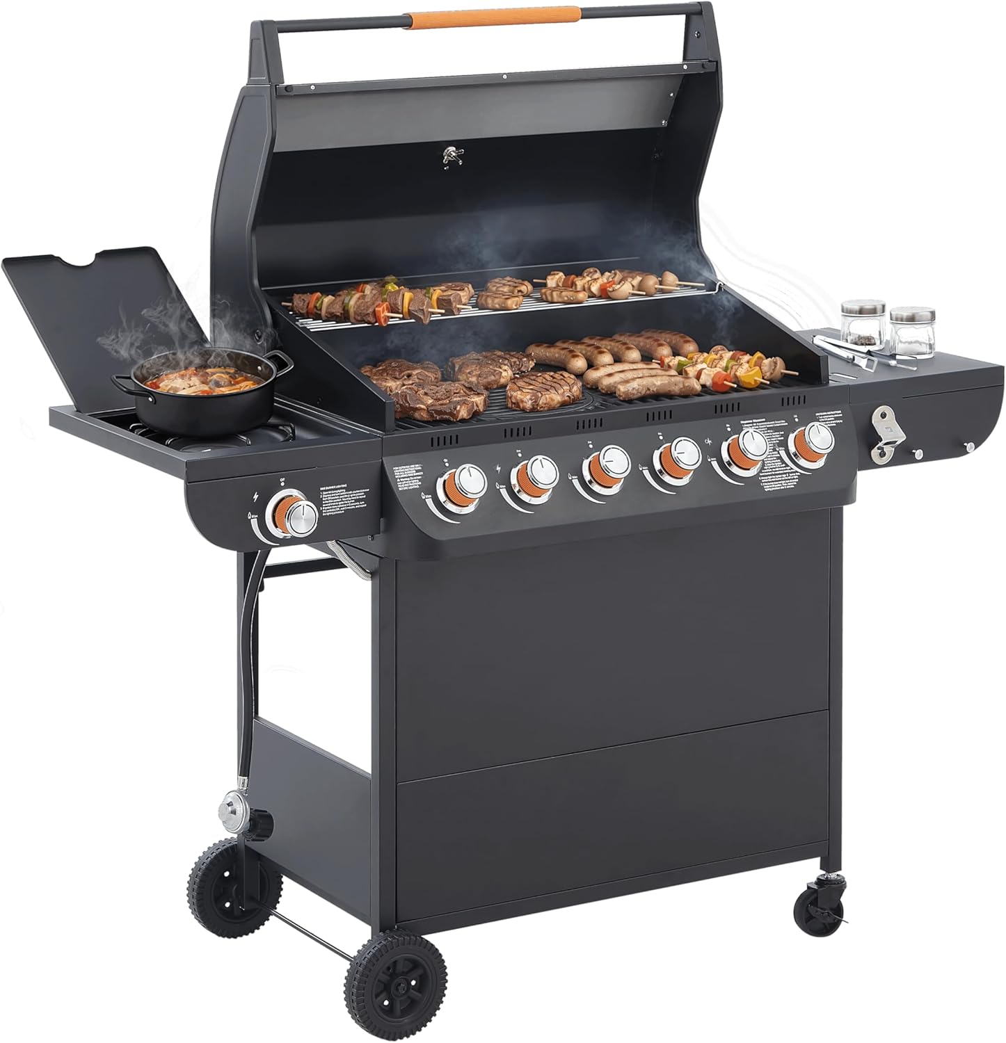6 Burner Propane Gas Grill, 72000 BTU Gas Grill with Side Burner, BBQ Grill with Cast Iron Grates, Stainless Steel Frame, 650 Sq In Cooking Area, Outside Grill for Patio Backyard