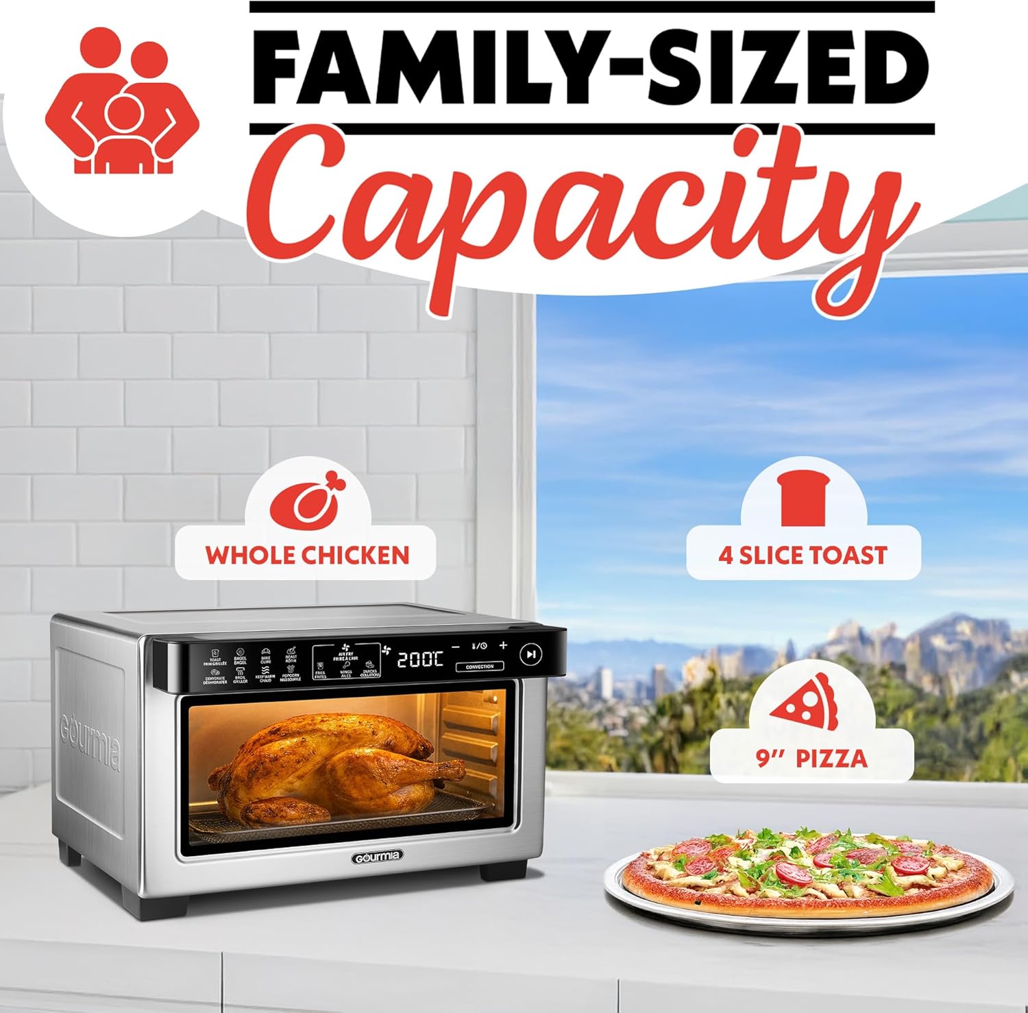 Gourmia Toaster Oven Digital Air Fryer - Convection Mode with 4 Slice Capacity, 3 Rack Positions, 12 Presets, Toast, Bagel, Bake, Roast, Broil, Dehydrate, Popcorn, Fits 9