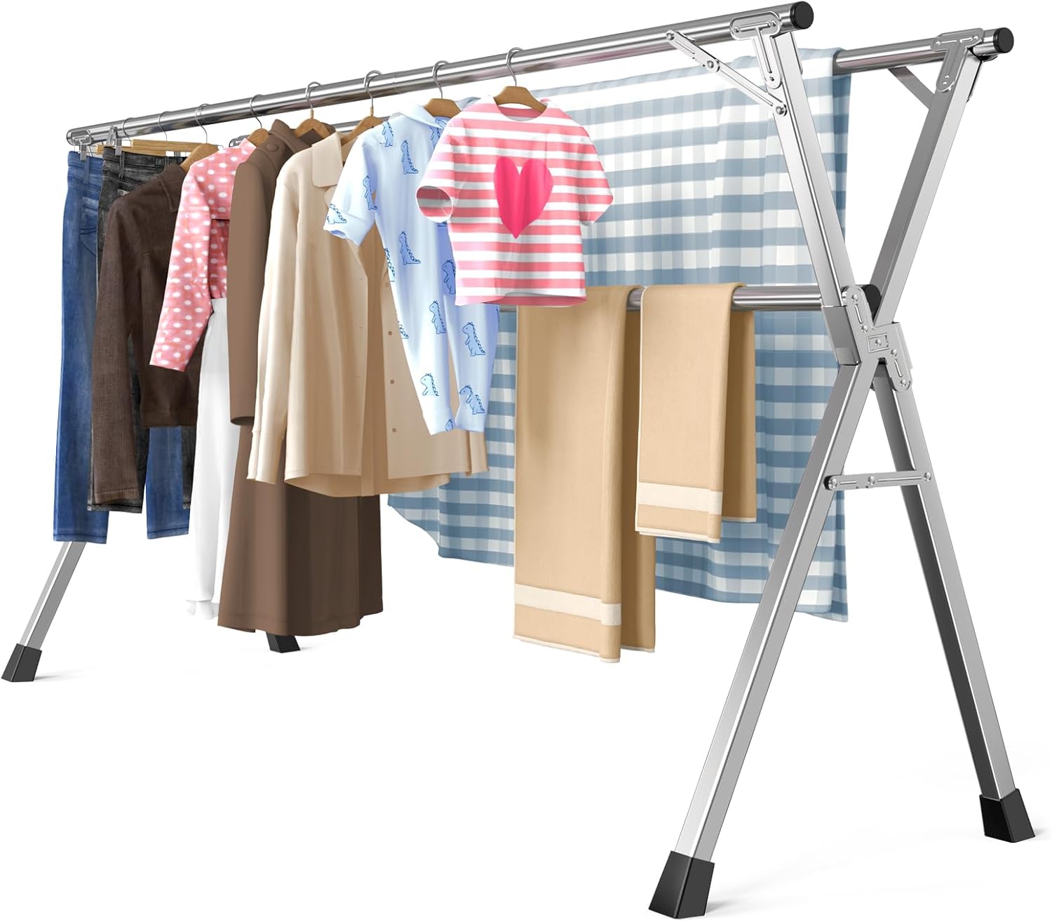 95 Inches Heavy - Duty Stainless Steel Folding Clothes Drying Rack Indoor Outdoor Anti-Rust 20 Windproof Hooks Portable & Foldable Laundry Rack (95'')