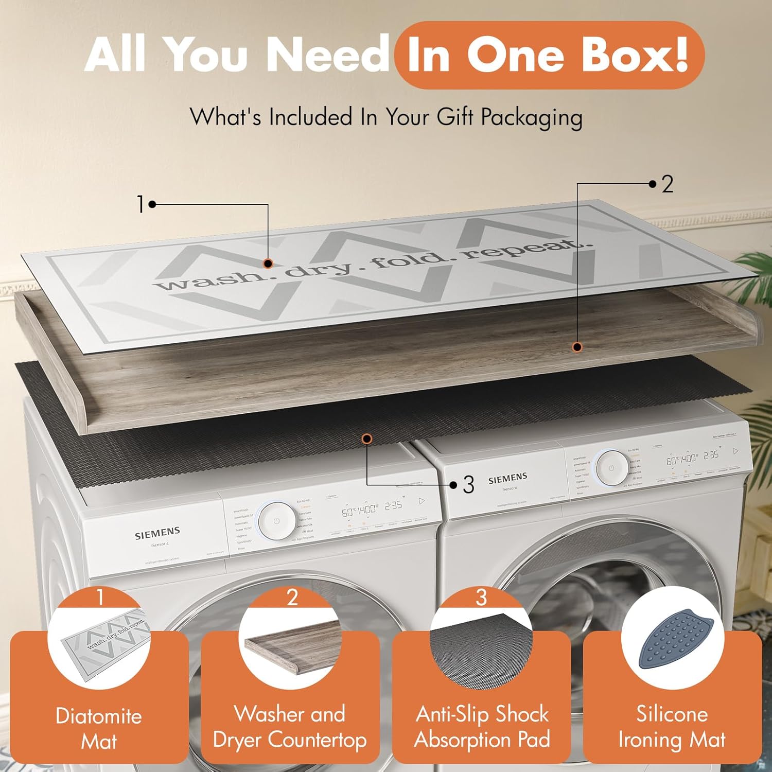 Premium Washer Dryer Countertop with Anti-Slip Pad, 54inch Laundry Room Organization Set, Stackable Storage Solution with Silicone Ironing Mat, Diatomite Mat(Gray)