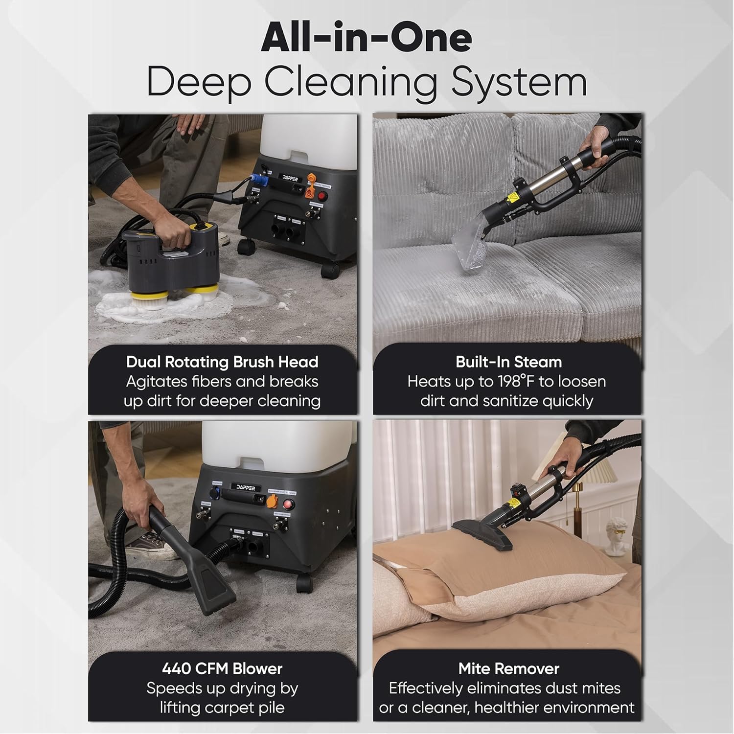 Dapper Commercial Carpet and Upholstery Extractor Cleaning Machine with Steam, Spray-Vacuum, Blower & Mite Remover. 3 Gal Tanks — Designed for Deep Cleaning. Dual Separate Circuit Power Cords