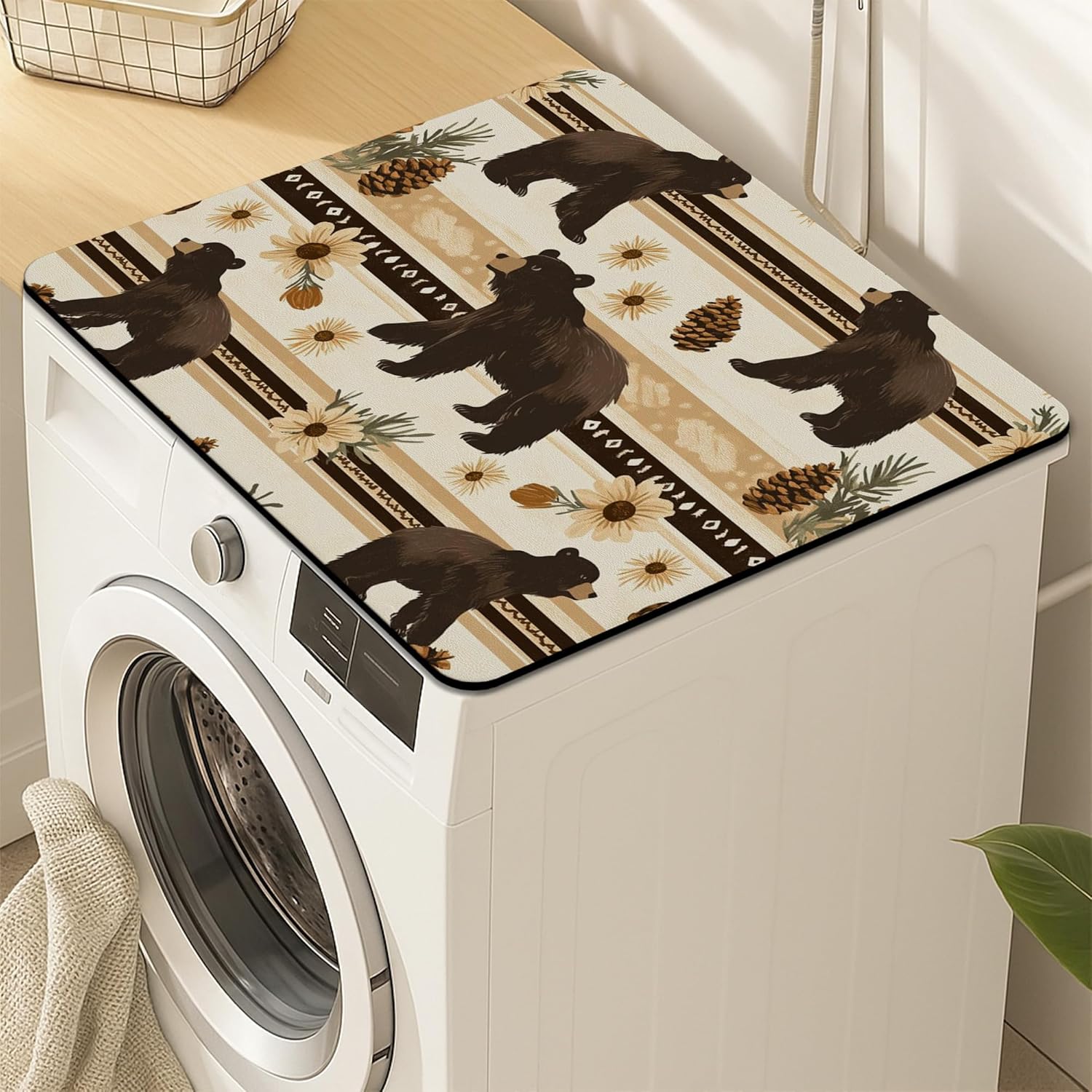 Bear Washer Dryer Top Protector Mat, Rustic Bohemian Floral Laundry Machine Dust Covers, Nature-Themed Protector for Home, Anti-slip Waterproof Washer And Dryer Mats 24x24 Inch