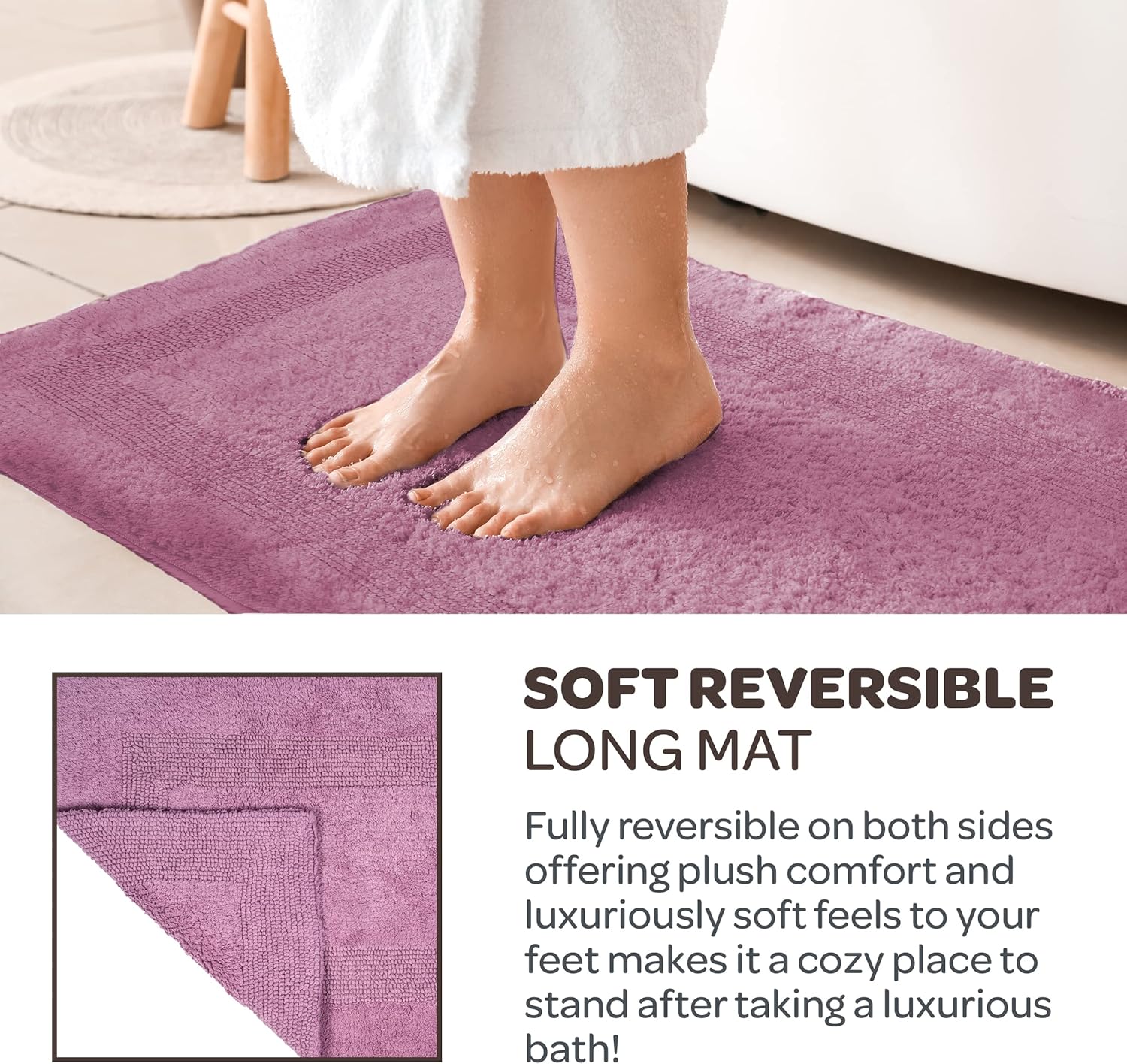 Bedford Home Reversible Long Bath Mat - 60x24-Inch Plush Cotton Bathroom Runner - Machine Washable Bath Mats for Bathroom, Kitchen, or Laundry Room (Pink)