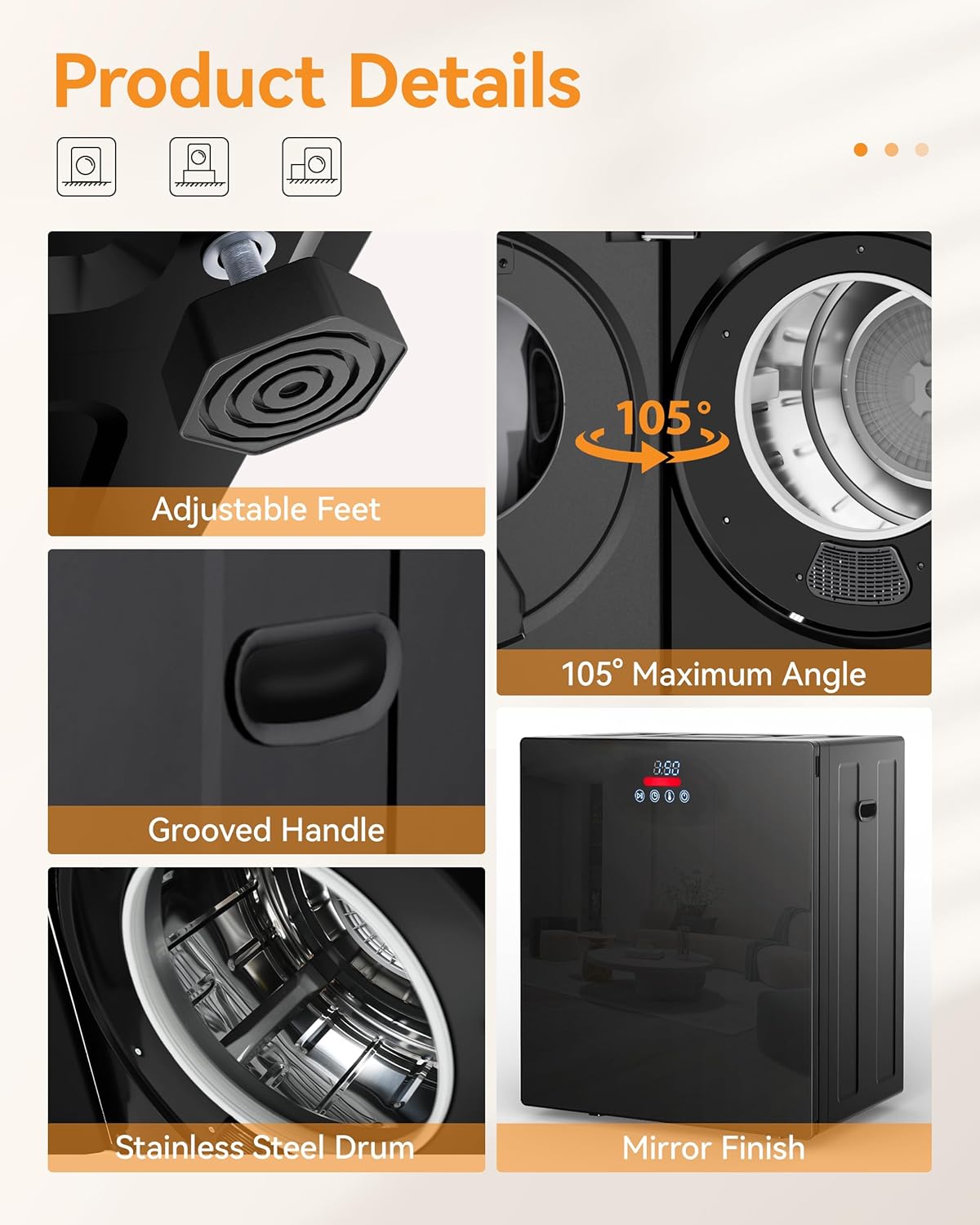 8.8 LBS Portable Dryer, 850W Electric Dryer with 4 Modes, LCD Panel Control, 1.5 Cu.Ft Drying Machine for Apartment, Dorm, RV, Mirror Appearance, Black