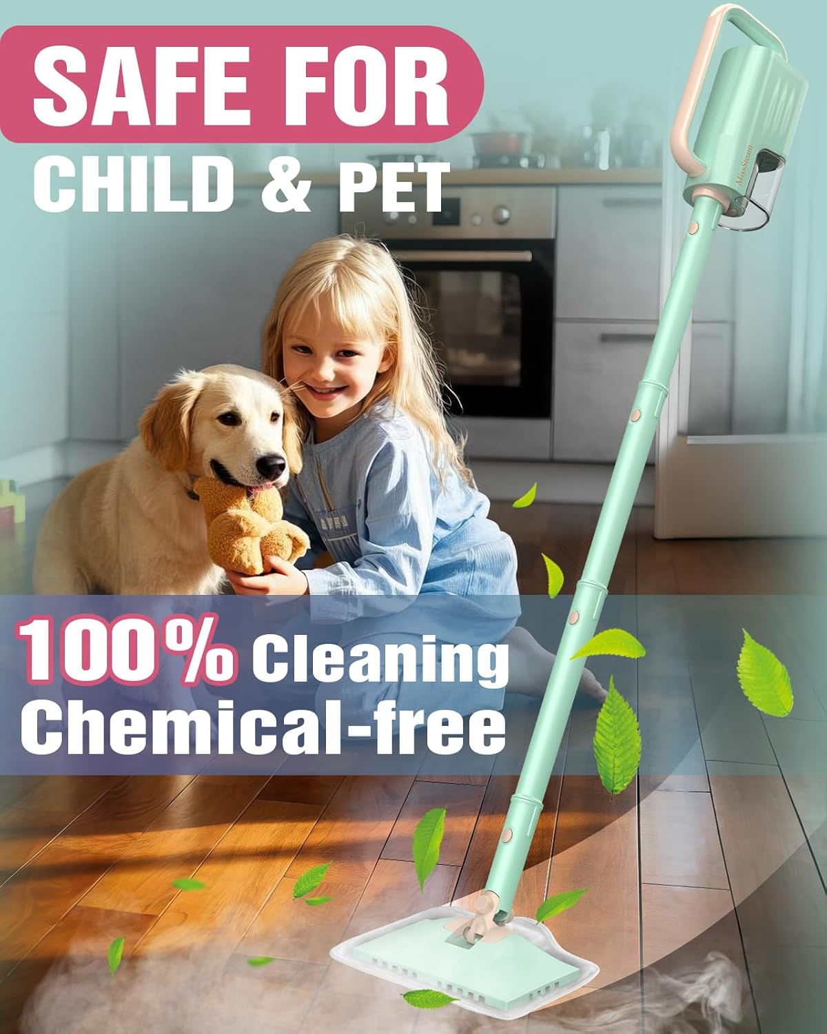 Steam Mop Cleaner Safe High-temp for Deep Cleaning, Lightest Detachable Floor Steamer with 2 Steam Mode 3 Adjustable Level Heavy Duty Powerful Handheld Steam Cleaner for Hardwood & Laminate Tile Grout