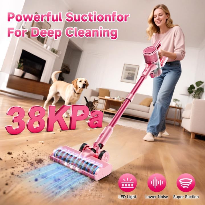 Cordless Vacuum Cleaner,55Mins/Powerful Vacuum Cleaners for Home,Stick Vacuums with 8 in 1,Touch Screen,LED Headlights, Anti-Tangle,Pet Hair,Pink