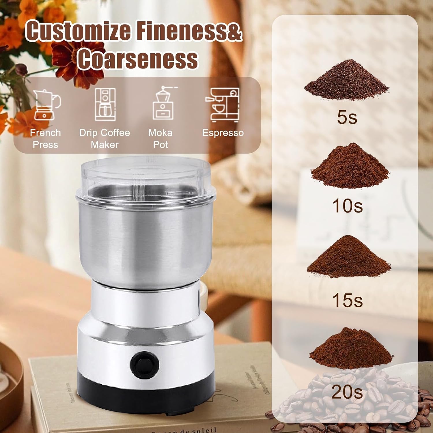 Mini Spice Grinder, Electric Coffee Grinders for Home Use, Household Small Stainless Steel Mill Blender Grinding Machine, Dry Grain Mill for Spices Rice Beans, OSFA