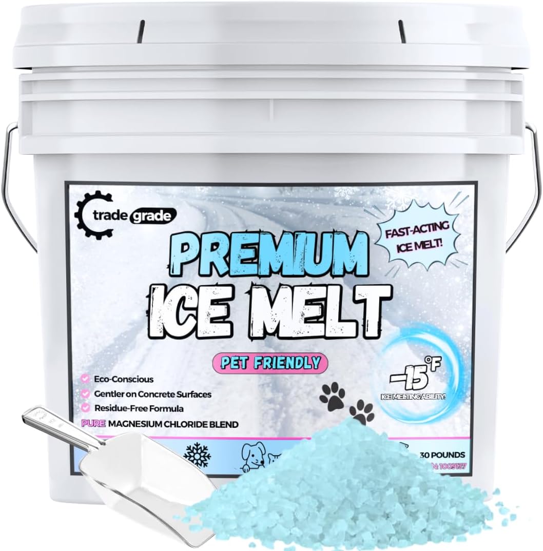 Pet-Friendly Ice Melt - Fast-Acting Magnesium Chloride Formula, Safer for Pets & Surfaces, 30lb Bucket with Scoop