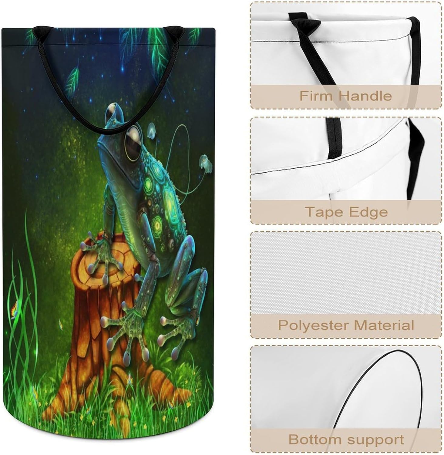 Cool Anime Animal Frog Laundry Hamper Dirty Clothes,Rustic Tropical Forest Eucalyptus Leaves Butterfly Frog Large Laundry Basket Storage Basket For Bathroom 15.7W
