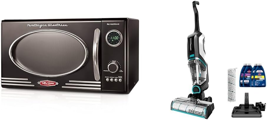 Nostalgia Retro Countertop Microwave Oven & BISSELL CrossWave Cordless Max All in One Wet-Dry Vacuum Cleaner and Mop for Hard Floors and Area Rugs, Black, 2554A