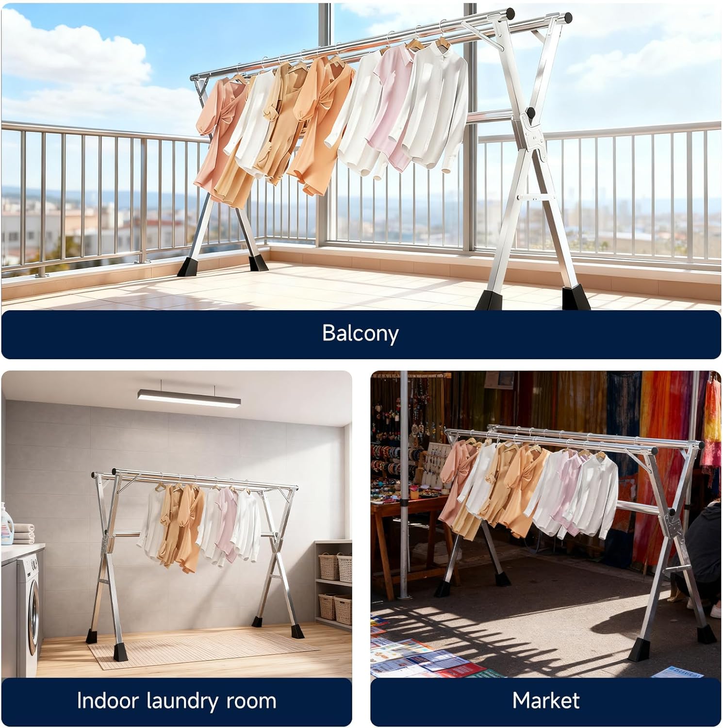 MIKEE 79-Inches Clothes Drying Rack,Foldable Laundry Drying Rack Clothing for Indoor/Outdoor，Length-Adjustable Clothes Rack，Space-Saving,with 20 Windproof Hooks