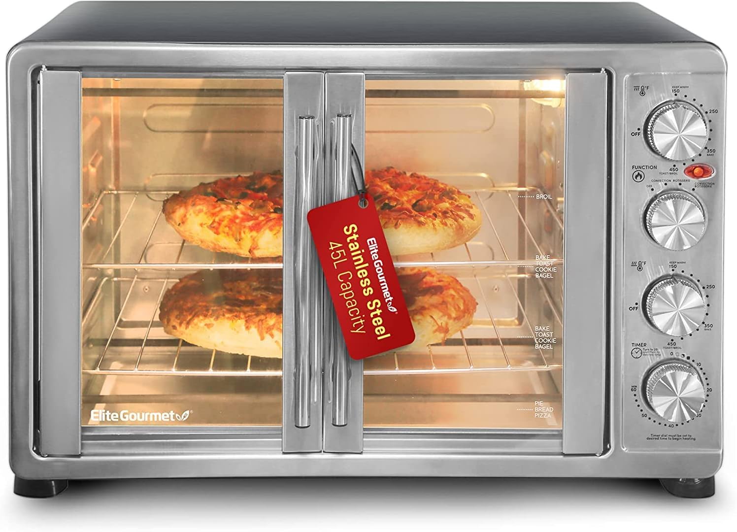 Elite Gourmet ETO4510B French Door 47.5Qt, 18-Slice Convection Oven 4-Control Knobs, Bake Broil Toast Rotisserie Keep Warm, Includes 2 x 14