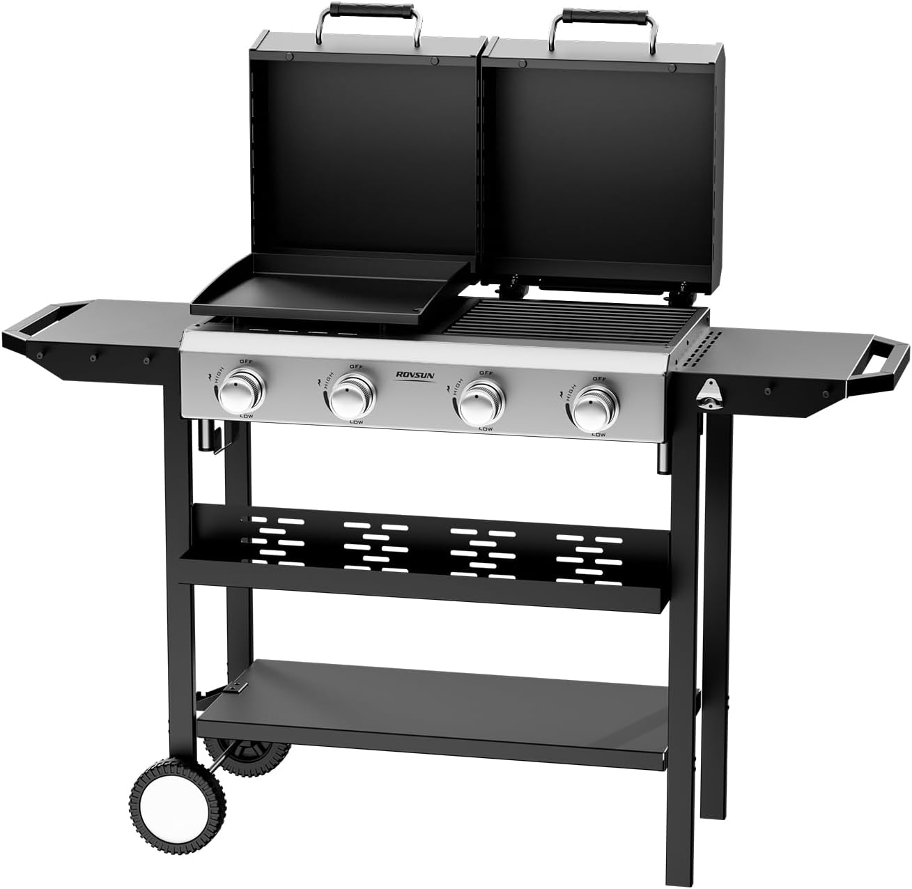 Bonnlo 2 in 1 Propane Flat Top Grill and Griddle Combo with Lid, Powerful 40,000 BTU Grills with Side Shelves & Integrated Ignition, 4 Burners Grill with Movable Wheels for Outdoor BBQ Camping Use