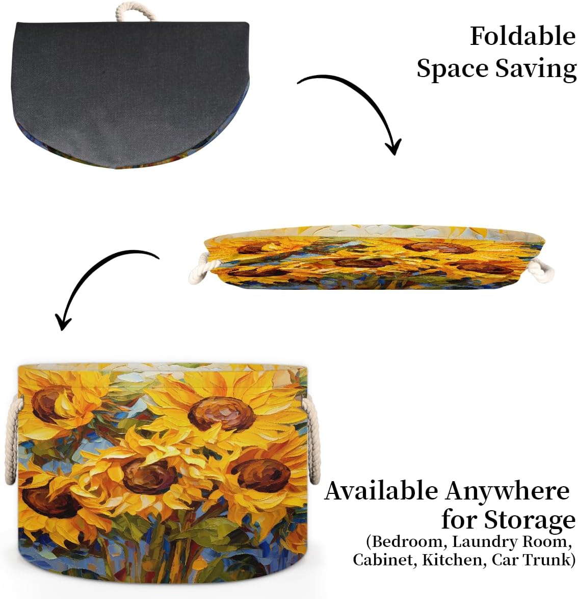 Abstract Oil Painting Sunflower Round Storage Basket Laundry Hamper Collapsible Laundry Basket with Handles Large Canvas Storage Bin for Clothes Toys Nursery Bedroom Closet Organizer