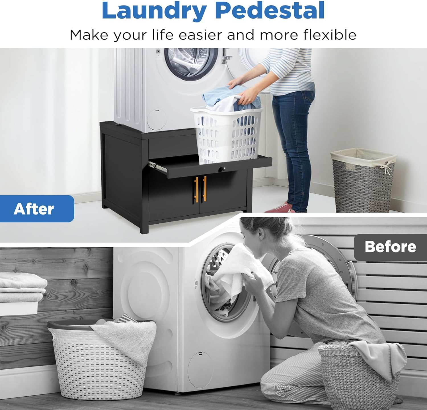 2 Pack Laundry Pedestal, 700 LBS Capacity Washer Dryer Pedestal, Heavy Duty Shock-Proof Washer Stand, Laundry Dryer Stand with Pull-Out Shelf Hidden Storage Drainage (Dark)