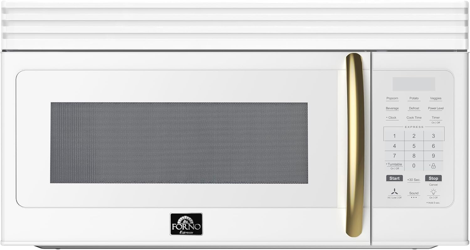 FORNO Scalo 30-Inch Over-the-Range Microwave, 1.6 cu.ft – White Finish with Antique Brass Accents – 300 CFM Ventilation, Touch Control Panel, LED Interior Lighting – FOTR3007-30WHT