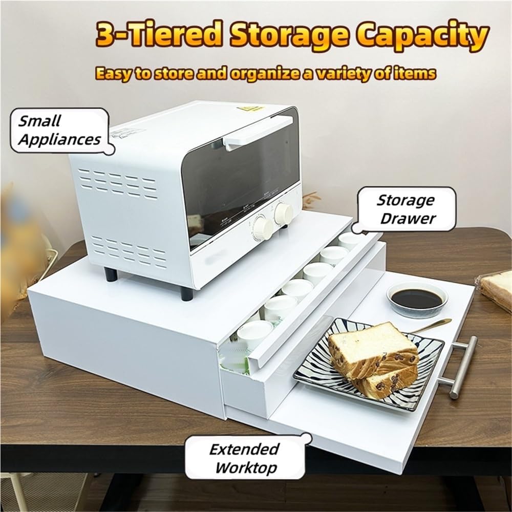 3-Tier Microwave Stand with Drawer, Microwave Rack with Pull-Out Extension Work Shelf, Carbon Steel Kitchen Counter Organizer for Coffee Maker & Small Appliances 18.5''L x 14.2''W x 5.5''H(Black)