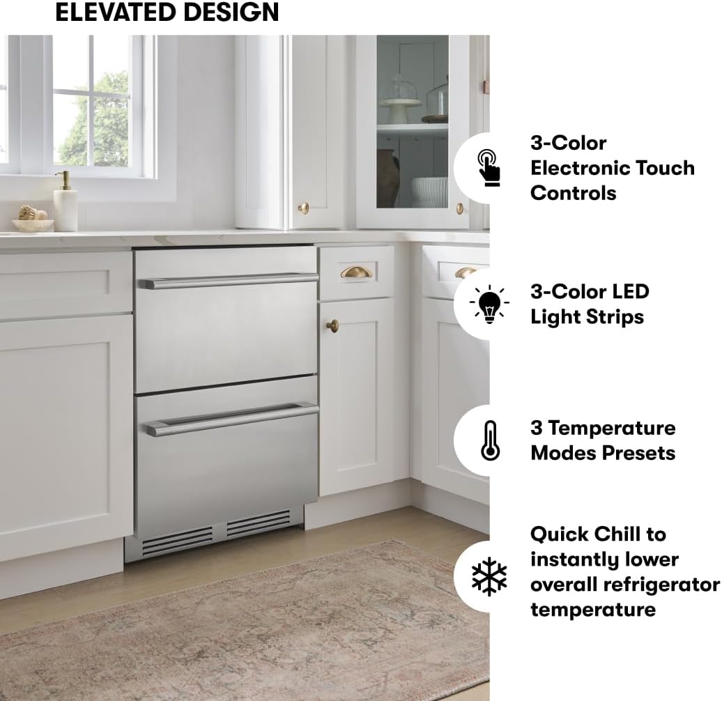 Zephyr Presrv 24 Inch Dual Zone Refrigerator Drawers Wine & Beverage Fridge, Stainless Steel Wine Cooler Home Bar Under Counter Freestanding Built In, Energy Star Certified, 5.1 Cu. Ft