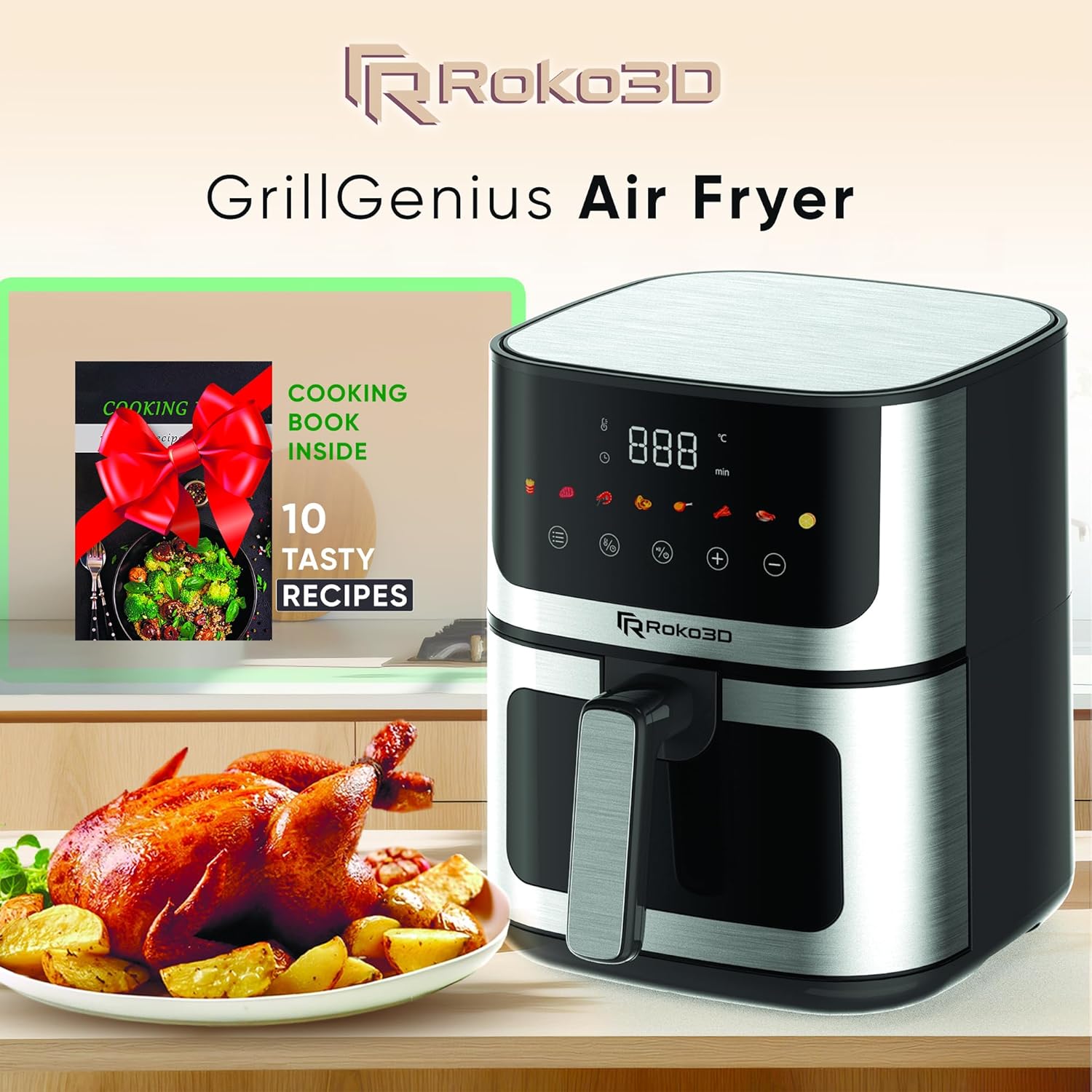 Air Fryer Stainless Steel ROKO 3D with Visible Window - 5Qt Capacity for 3-5 Persons | 18 in 1 - Fry, Bake, Toast, Broil, Reheat without Oil - 1400W, Dishwasher Safe, Luxury Black and Silver