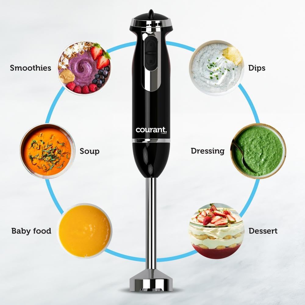 Courant Immersion Hand Blender with Stainless Steel Shaft, Variable Speed Control, Whisk Attachment, and 20 oz Measuring Cup