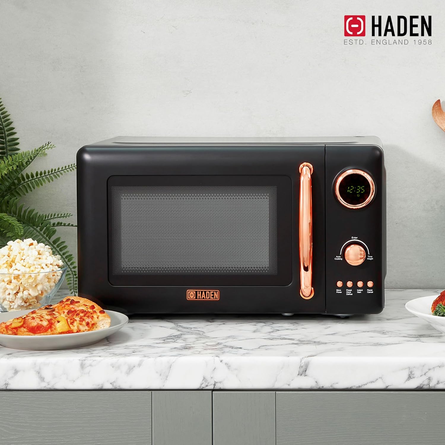 Haden 700 Watt 0.7 Cubic Foot Microwave Oven with Digital Controls, Defrost, and Instant Start Countertop Small Appliance, Black/Copper