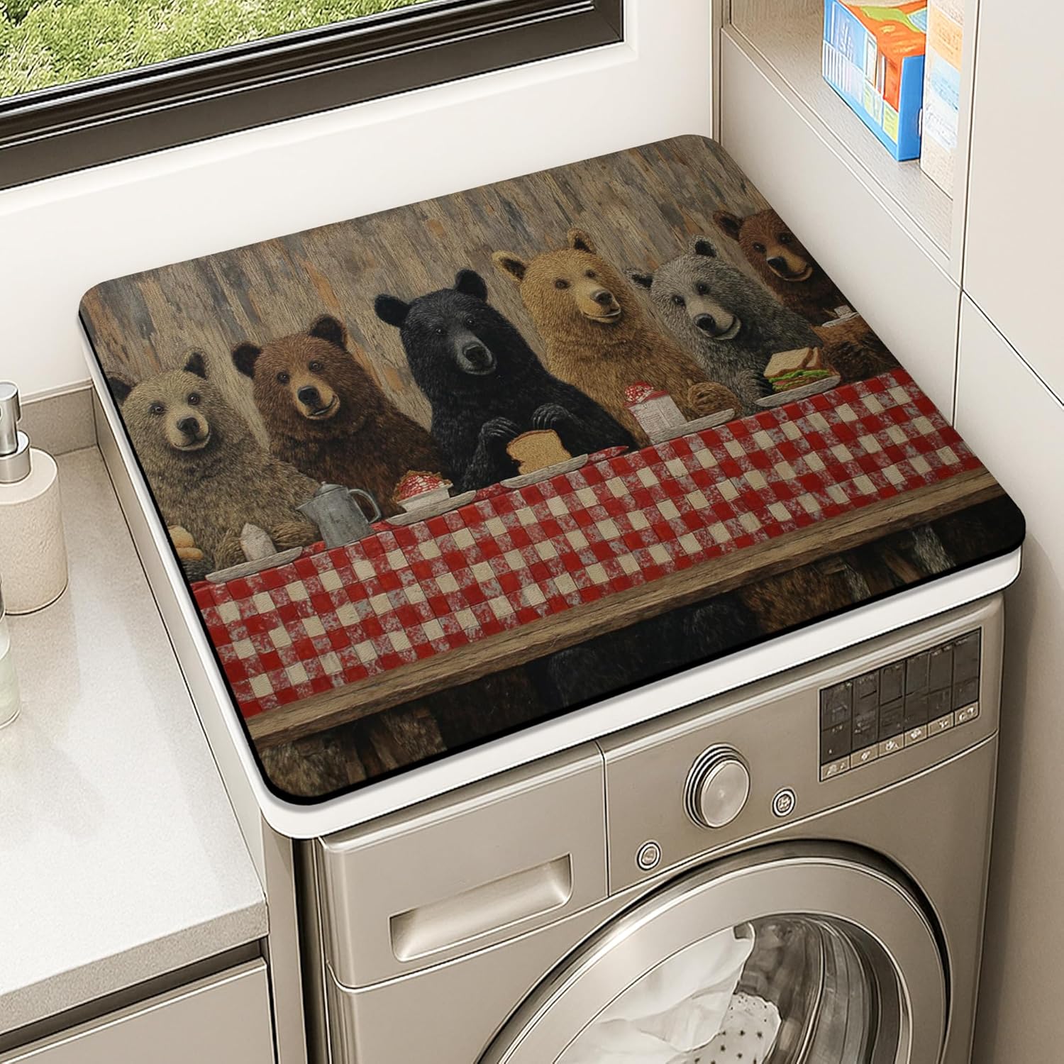 Bear Family Washer Dryer Top Protector Mat, Rustic Animal Print Laundry Machine Dust Covers, Cozy Farmhouse Rubber Anti-slip Waterproof Mats for Laundry Room 24x24 Inch