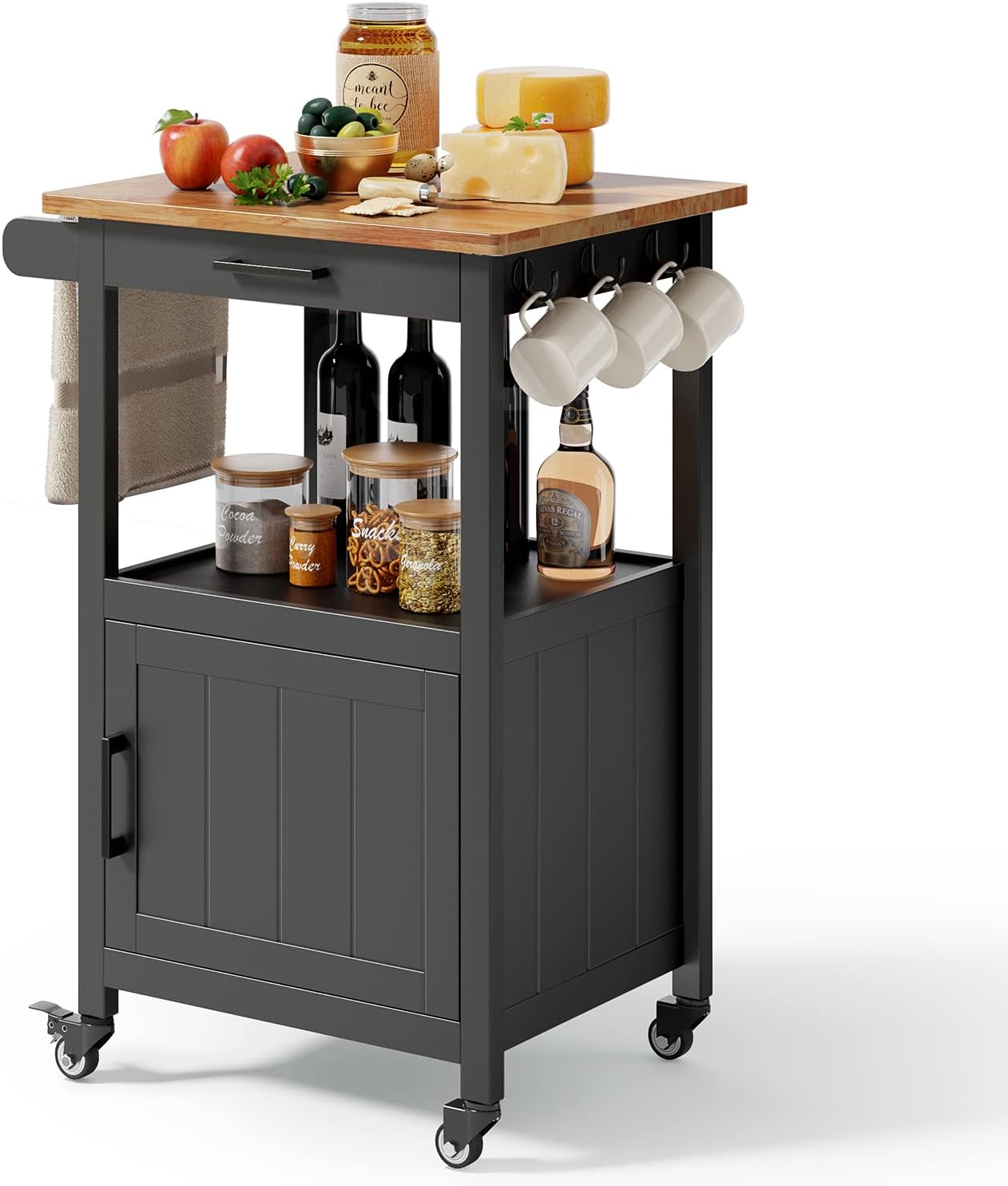 Kitchen Island on Wheels with Drawer, Storage Cabinet, Shelf and Side Hook, Rolling Kitchen Cart with Rubber Wood Countertop, Microwave Cart for Small Space, Black