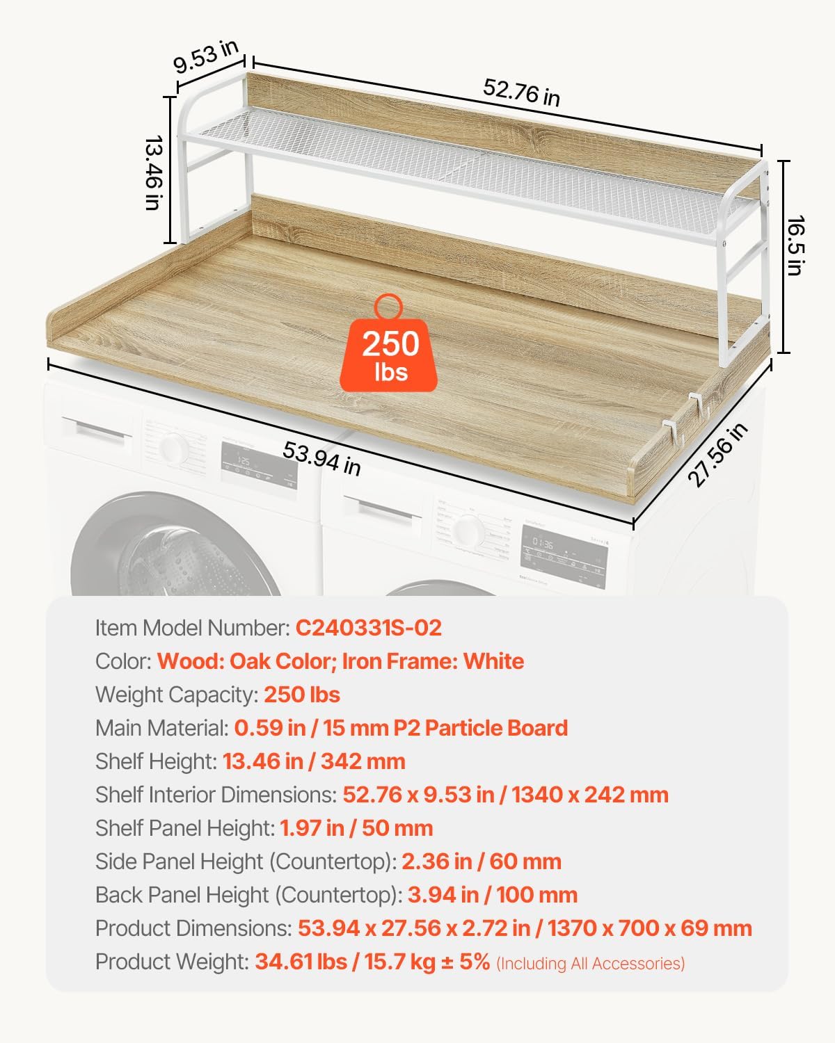 Happybuy Washer Dryer Countertop with 2-Tier Shelf, 54